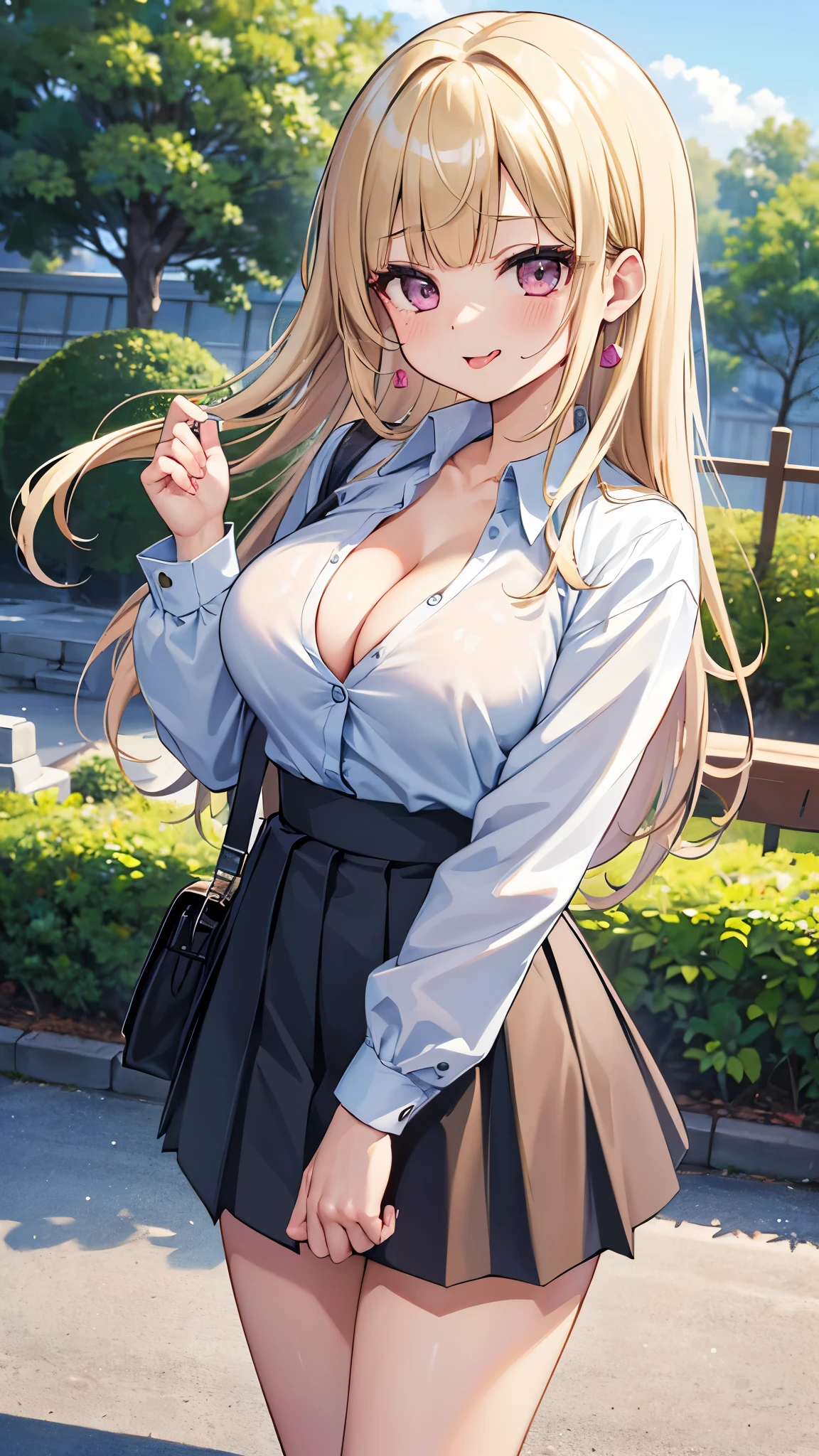 (8k、Best image quality、highest quality、masterpiece)、Detailed face、 1 girl、nakamura misaki (Nanae), Light blonde hair, Blunt bangs, Long Hair, Pink Eyes, Heart-shaped earrings, Mole under the eye、Wicked Smile、((Open your mouth and extend your tongue))、Big Breasts、((Light blue collared shirt))、((Cleavage))、((Black pleated skirt))、((mini skirt))Cowboy Shot、lovehogai, scenery, Japan