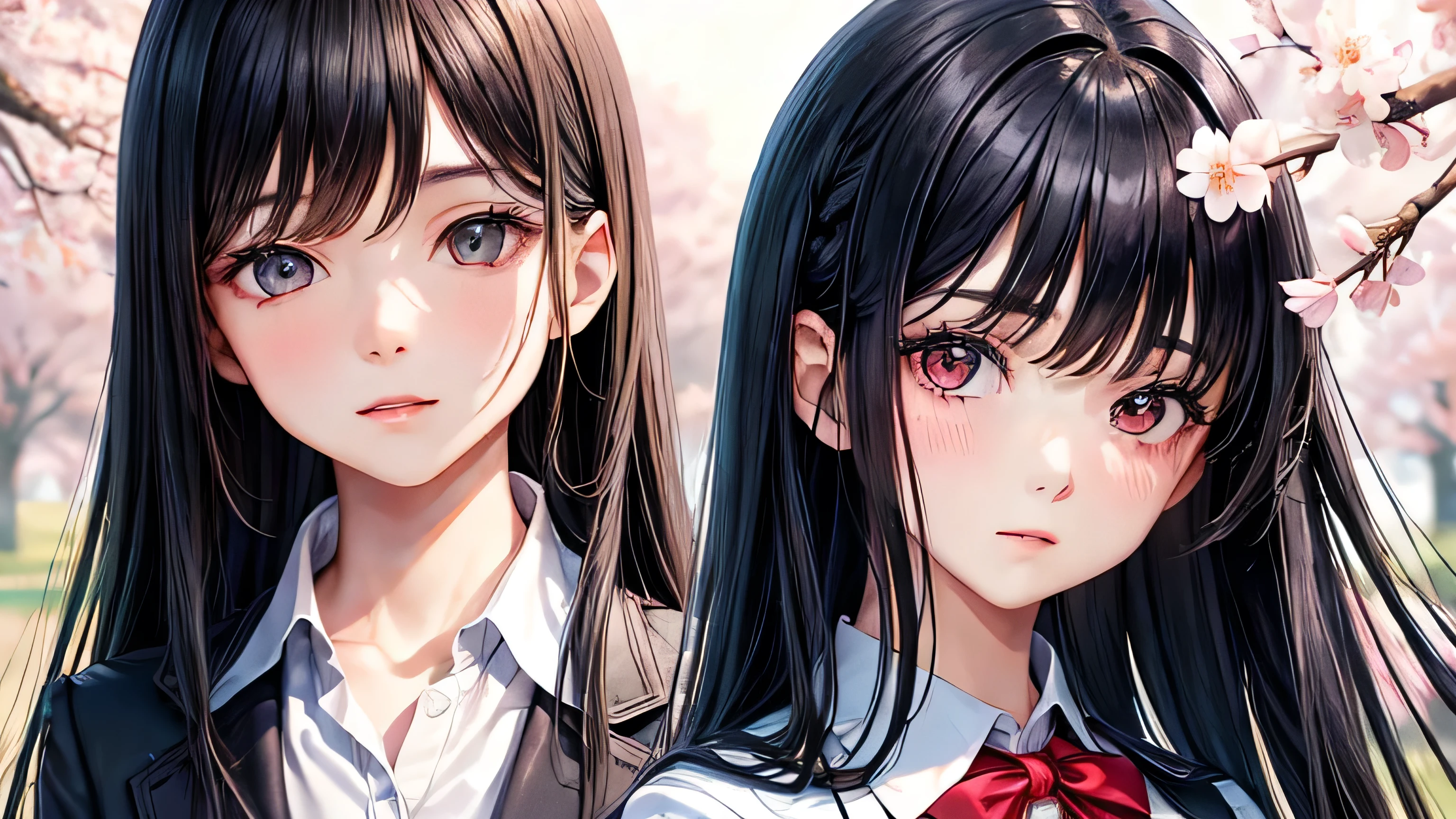 Girl in Love White dress high school student uniform blazer Black Hair Long Straight Hair High quality, high definition and detailed facial expressions High quality, high definition and detailed hair Cherry blossom trees