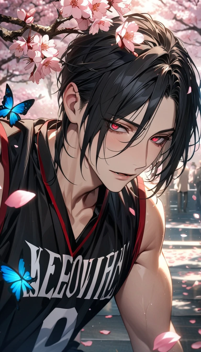 Ultra detailed, Highres, HDR, absurdres, Sebastian Michaelis, black hair, expressive red eyes, Kuroshitsuji, sexy man, handsome, solo, extremely detailed face and eyes, petals, blossoms, spring, master piece, basketball uniform, cherry blossoms, butterflies, best quality, high quality,