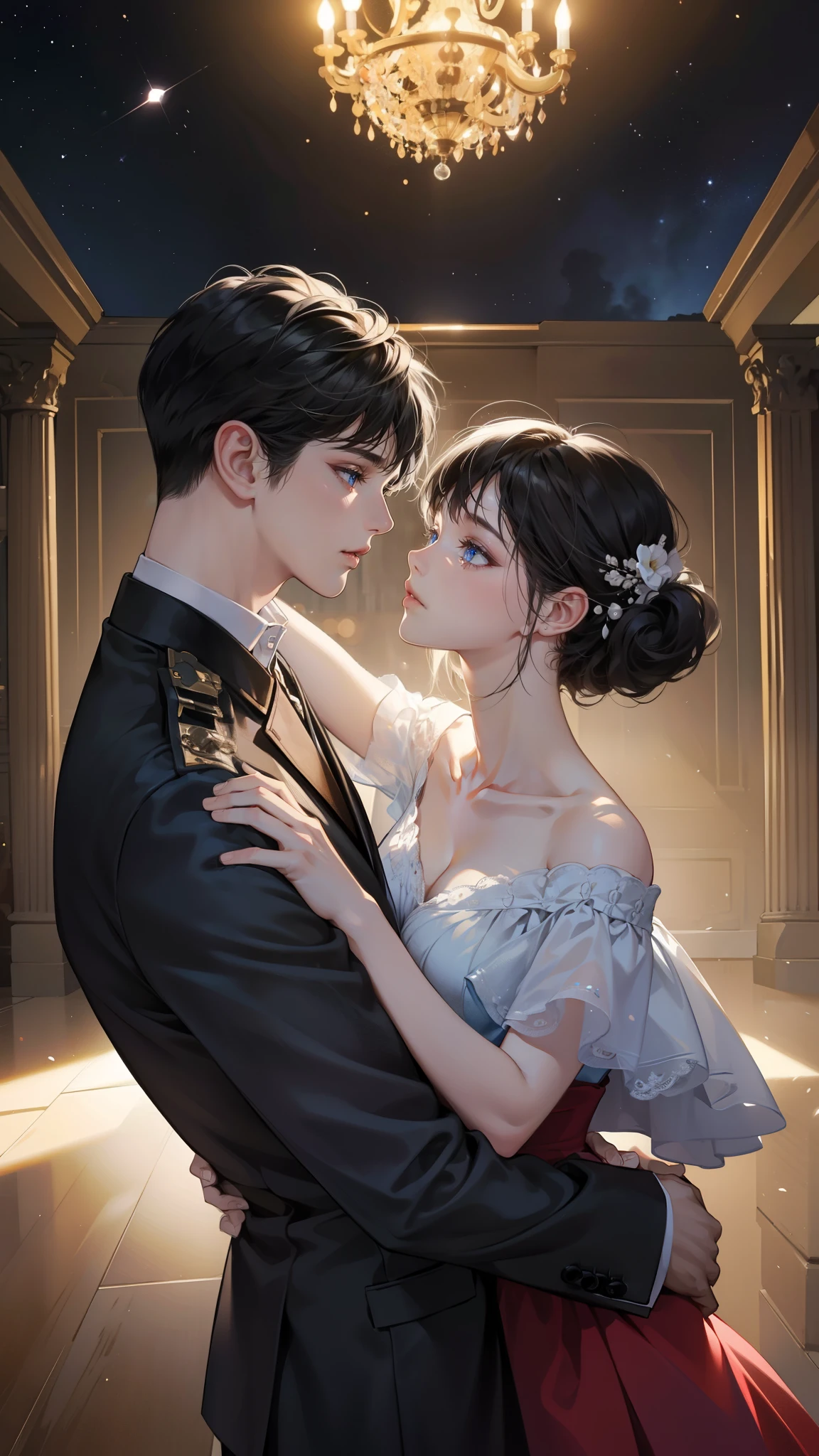 romantic couple look at each other, the man pick the woman up, black-haired mature man，Girl with black short hair with fringe (soft smile, shy)，different height ((the man is taller)), glowing stars，Glow effects, the night，in the ball room，The face is clear and accurate，detail in face，super-fine，castle，16K resolution，high quality, High picture detail，dynamic viewing angle，Epic shooting，oc rendered, dancing floor, detailed light, detailed shadow