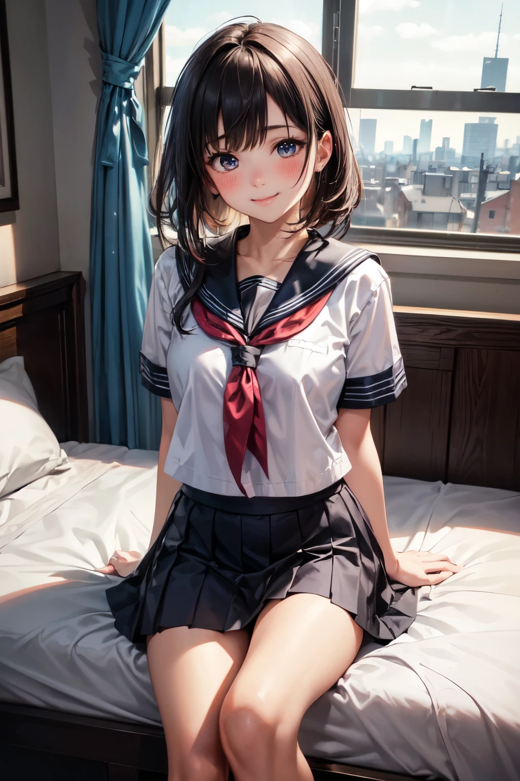 very cute and beautiful girl,(highly detailed beautiful face and eyes),
(smile),blush,embarrassed,looking at viewer,black hair,serafuku,short sleeve,pleated navyblue mini skirt,
sitting on bed sheet,arms behind back,school bag,pouch,antique hotel bedroom,window,distant town view,
(best quality,masterpiece),absurdres,highres,ultra-detailed,extremely detailed,32k,8k resolution,
intricate details,cinematic scene,detailed background,solo,dynamic angle,realistic,