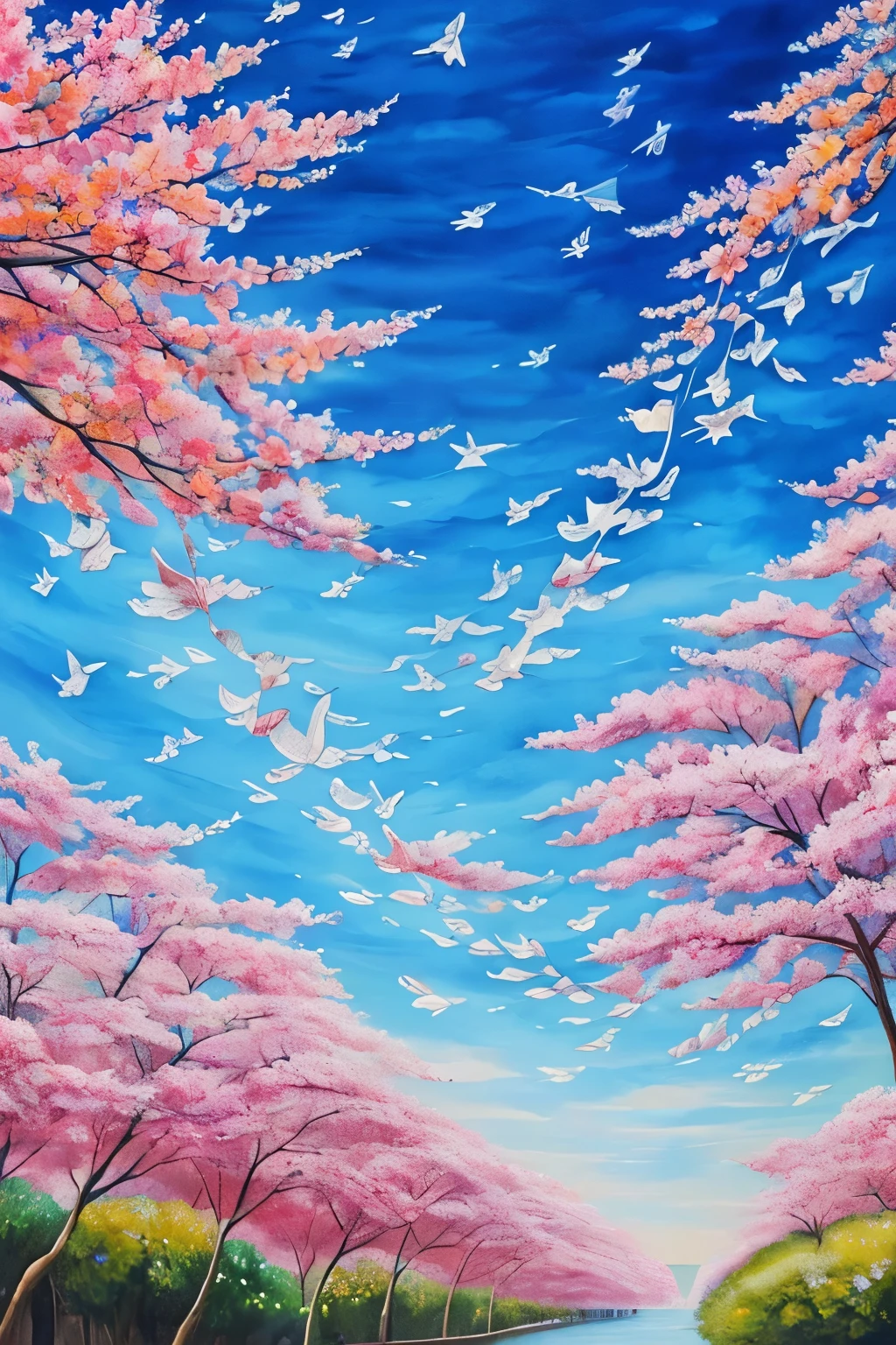 fusion of oil painting and watercolor painting, best quality, super fine, 16k, incredibly absurdres, extremely detailed, delicate, flashy and dynamic depiction, clear, cloudless day, carp streamers fluttering in the wind, koinobori, windsock, Japanese tradition, holiday, Children's Day