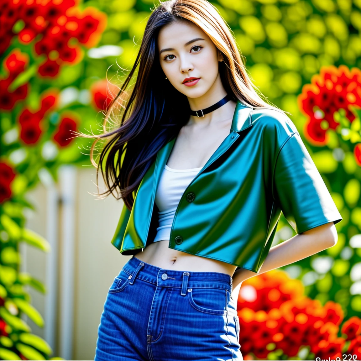 "Beautiful young woman, 25 years old, His long hair flowed up.,) bright dark green leather jacket,) Floating waist, abdomen moist, shiny, perfect and strong.,) ,sexy denim shorts,) chest.)  Album cover image by There are red flowers around.,) best quality, 10, height:1.2), 8K Special Details, (realistic:1.37), Portrait, Full body, Posing from different angles,, bright colors, Warm light, shot with a high quality camera 45,000,000,000,Pixels,
