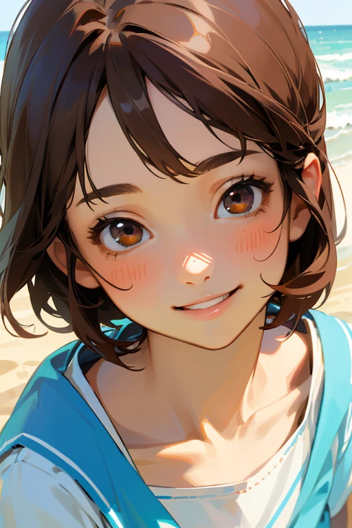 highest quality, work, (Realistic: 1,2), 1 girl, Brown Hair, Brown eyes, front, Detailed face, Beautiful Eyes、Smiling Kindly、Smiling with teeth showing、Summer clothes、