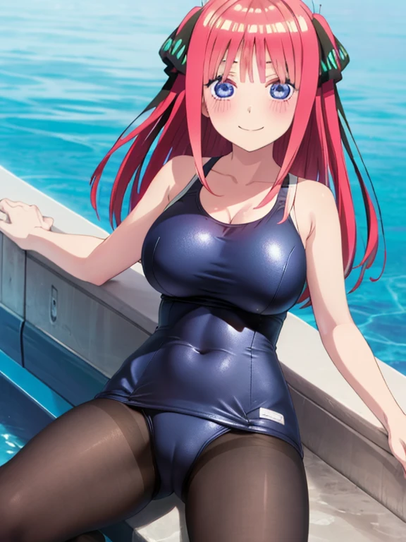 best quality, ultra-detailed masterpiece, anime art style, cute character, nino nakano, large breasts, blush, smile, one-piece swimsuit, pantyhose,1girl