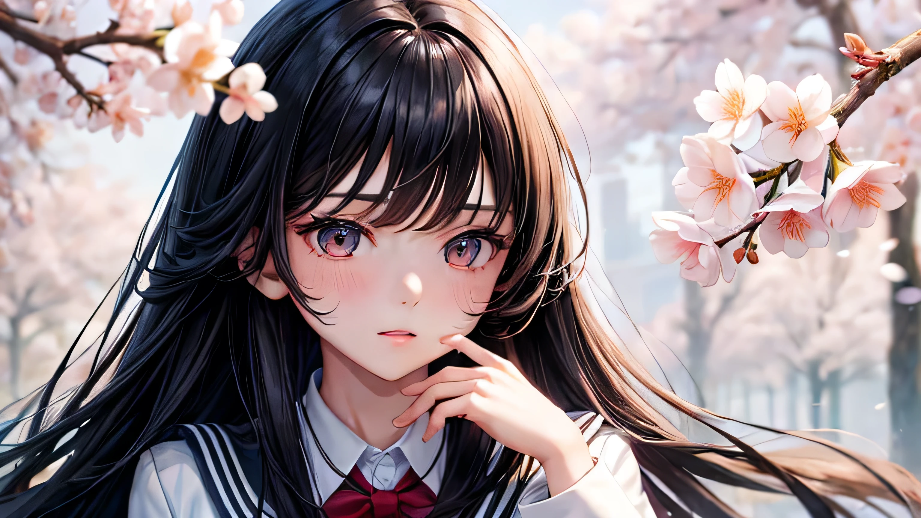 Girl in Love 1 person White dress high school student uniform blazer Black Hair Long Straight Hair High quality, high definition and detailed facial expressions High quality, high definition and detailed hair Cherry blossom trees
