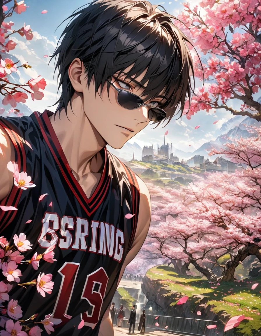 absurdres, highres, ultra detailed, HDR, master piece, detailed picture, extremely detailed face and eyes, Wolfwood, black straight hair with bangs, expressive gray eyes, Trigun, black sunglasses, basketball uniform, solo, sexy man, handsome, spring, pink flowers, blossoms, pink petals