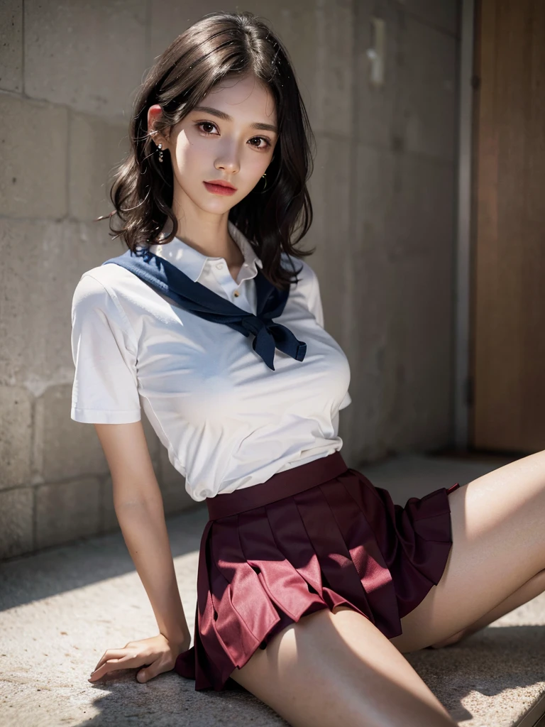 absurdres, RAW photo, extremely delicate and beautiful, masterpiece, Best Quality, ultra high resolution, 32k, hyperrealistic, ultra-detailed, perfect ???????, anatomically correct, perfect figure, super Detailed skin, 20 years old, very Slim body, narrow waist, very small head, very small face, delicate facial features, detailed face, detailed eyes, tearful mole, earring, thin legs, ???? legs, ((very huge round ???????)), short medium hair, ((wavy hair)), wet clothes, ((school uniform)), red short skirt,