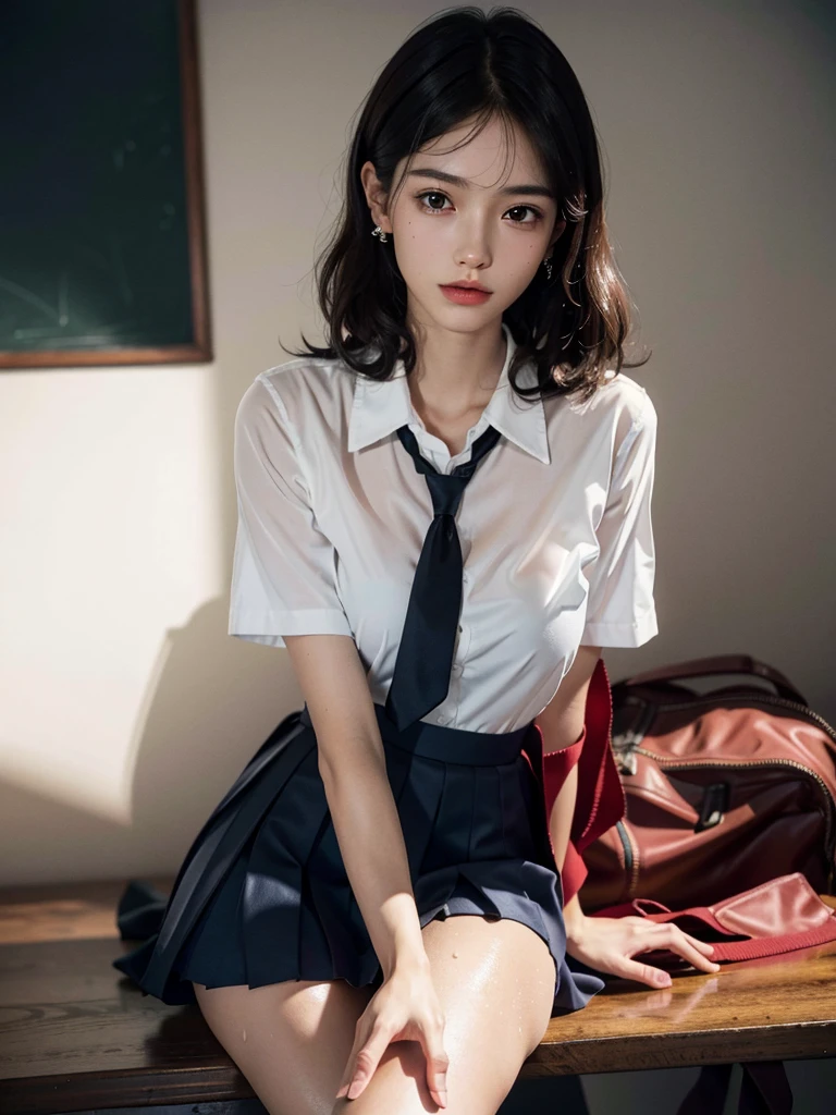 absurdres, RAW photo, extremely delicate and beautiful, masterpiece, Best Quality, ultra high resolution, 32k, hyperrealistic, ultra-detailed, perfect anatomy, anatomically correct, perfect figure, super Detailed skin, 20 years old, very Slim body, narrow waist, very small head, very small face, delicate facial features, detailed face, detailed eyes, tearful mole, earring, thin legs, bare legs, ((very huge round breasts)), short medium hair, ((wavy hair)), wet clothes, ((school uniform)), red short skirt,