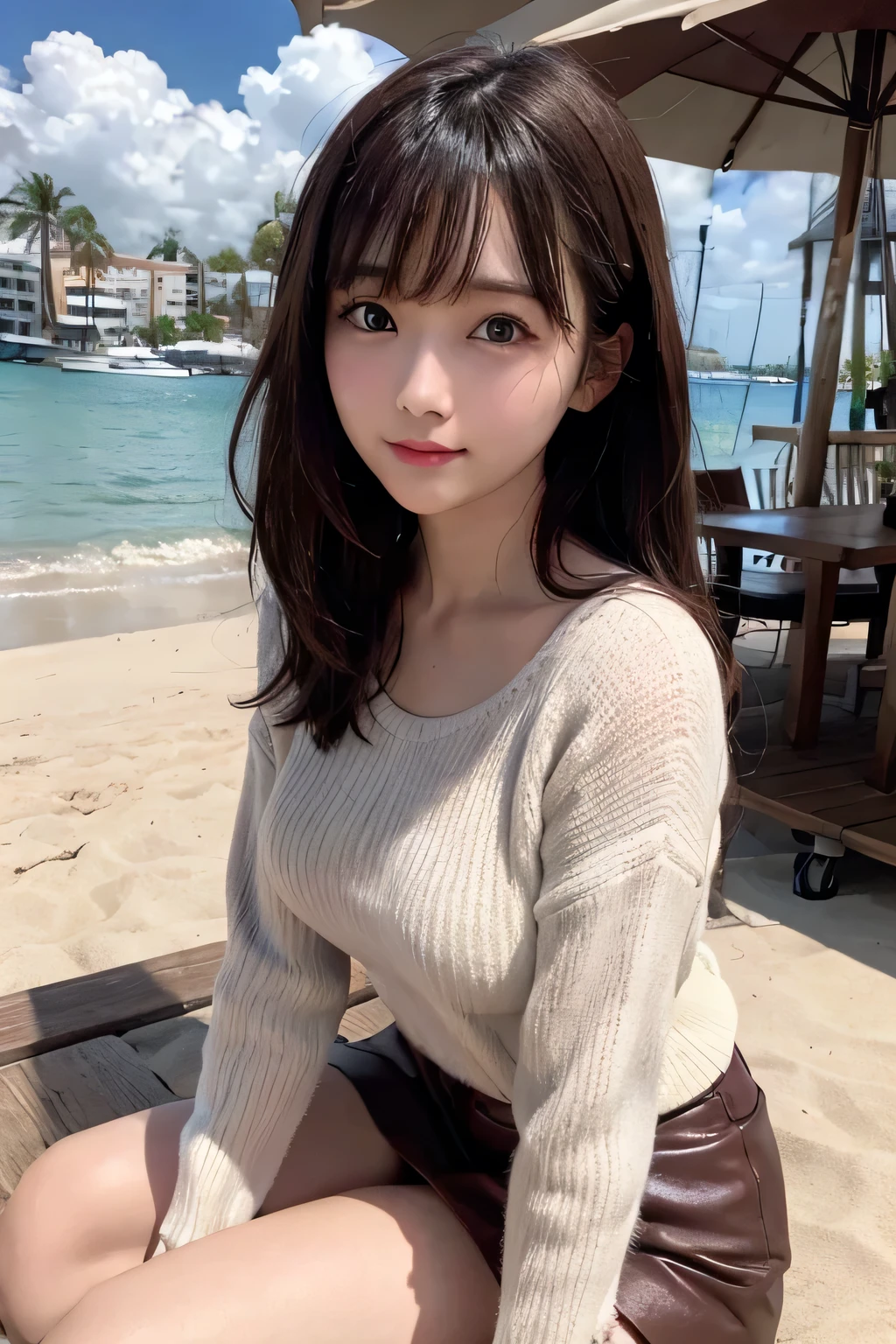 best quality, ultra high resolution, (photorealistic: 1.4), (detailed beautiful girl: 1.4), (medium breasts: 0.8), olhando_no_visualizador, detailed facial details, beautiful and detailed eyes, (brown hair), brown eyes, smile (makeup: 0.4), red lips, (full body, sitting, beach, high waves, ), very detailed clothes, (ulzzang-6500-v1. 1:0.3) \, cats, strong wind,