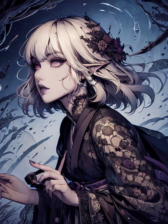 (ultra-detailed face, looking away:1.4), (Kensei: She floats and swims in the air.:1.2), (Fantasy Illustration with Gothic & Ukiyo-e & Comic Art.), (A middle-aged dark elf woman with white hair, blunt bangs, bob cut, and dark purple skin.), (Her eyes are lavender in color. Draw her eyes and pupils in detail and sharply.), (She is wearing a lacy linen robe and cape.)