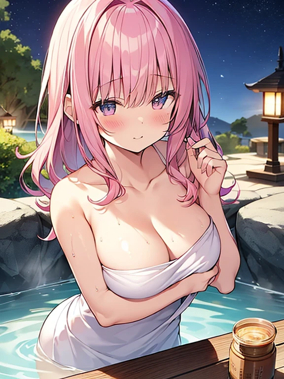 Tabletop, highest quality,shape, wallpaper, Very detailed, Absurd beauty、1 beautiful girl、 (Pink Hair、Medium Hair、Wavy Hair、Very ample breasts、clavicle)、( hot spring:1.3)、bathing、Night view、blush、Wrapped in a towel