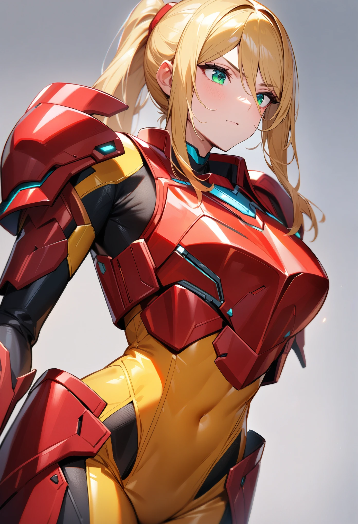 (best quality),female,Samus aran,((red chest armor)),yellow bodysuit,wide shoulder armor,green eyes,cowboy shot,simple background,Science fiction,ultra-detailed,sharp focus,aesthetic