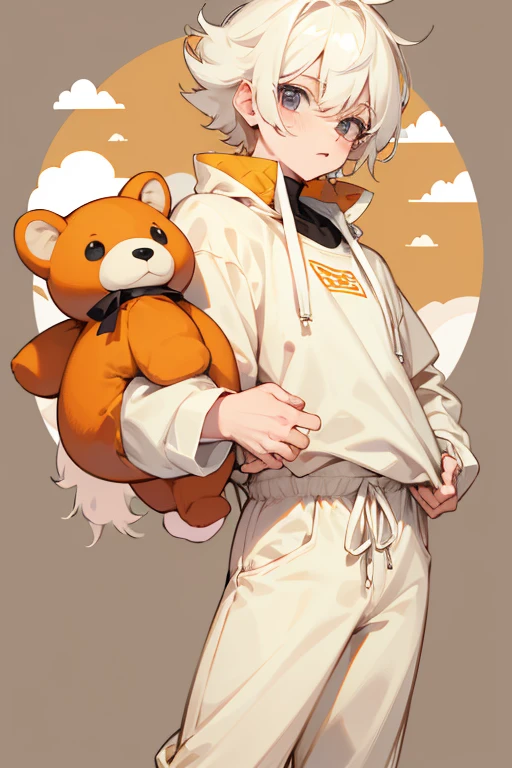 Chico masculino albino. Pelo ondulado. Vestido con una sudadera con un oso y unos pantalones beige