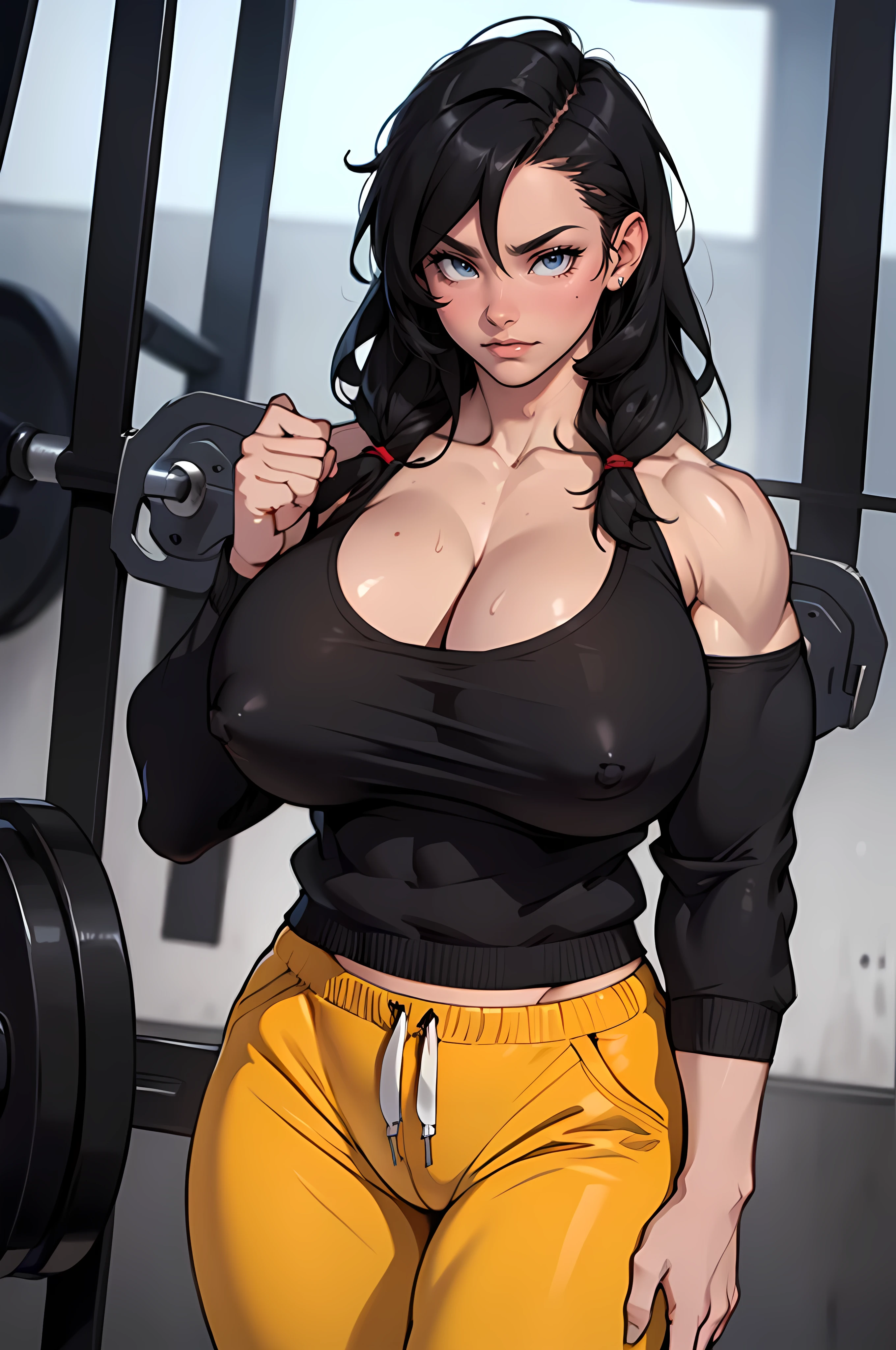 ((1girl)) (((massive female bodybuilder))) pale skin black hair very long hair yellow eyes ((((huge breasts)))) ((NSFW)) hoodie sweatpants