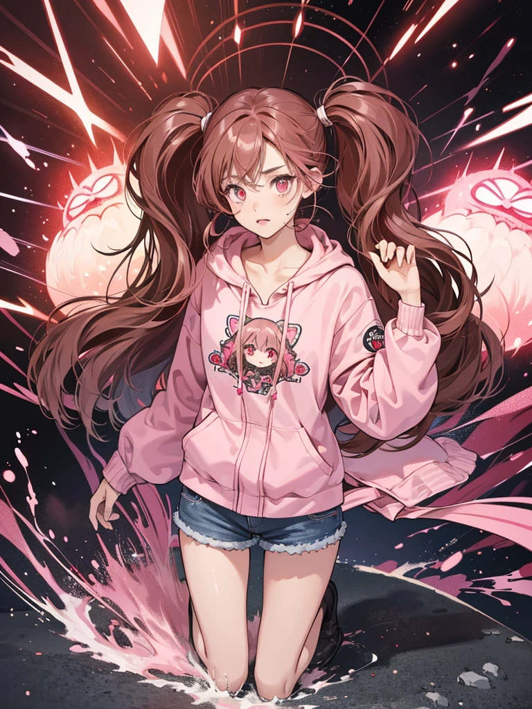 (Best Quality,4K,High resolution), 18yo woman, Pink mesh hair on brown hair, long twin tail hair , Comical appearance,(Best Quality,4K,High resolution), 18yo woman, Pink highlights on brown hair, Longhair, Twin-tailed,Twin-tailed hair,(Best Quality,4K,High resolution),Beautiful eyes ,big eye,Red glowing eyes,Facial expression enhancement,Delicate illustrations drawn in detail,Intricately decorated hooded long jacket,pink and red color scheme,Denim shorts,Realistic portrayal,Vibrant colors,expresive,Classic background(Best Quality,4K,High resolution), Comical appearance,(Best Quality,4K,High resolution), 18yo woman, Pink highlights on brown hair, Long twin tails, Pretty Woman,Beautiful eyes ,kawaii eyes,comic strip,animesque,Deformed cute illustration,Full body projection,chase,Time to chase,Just chasing