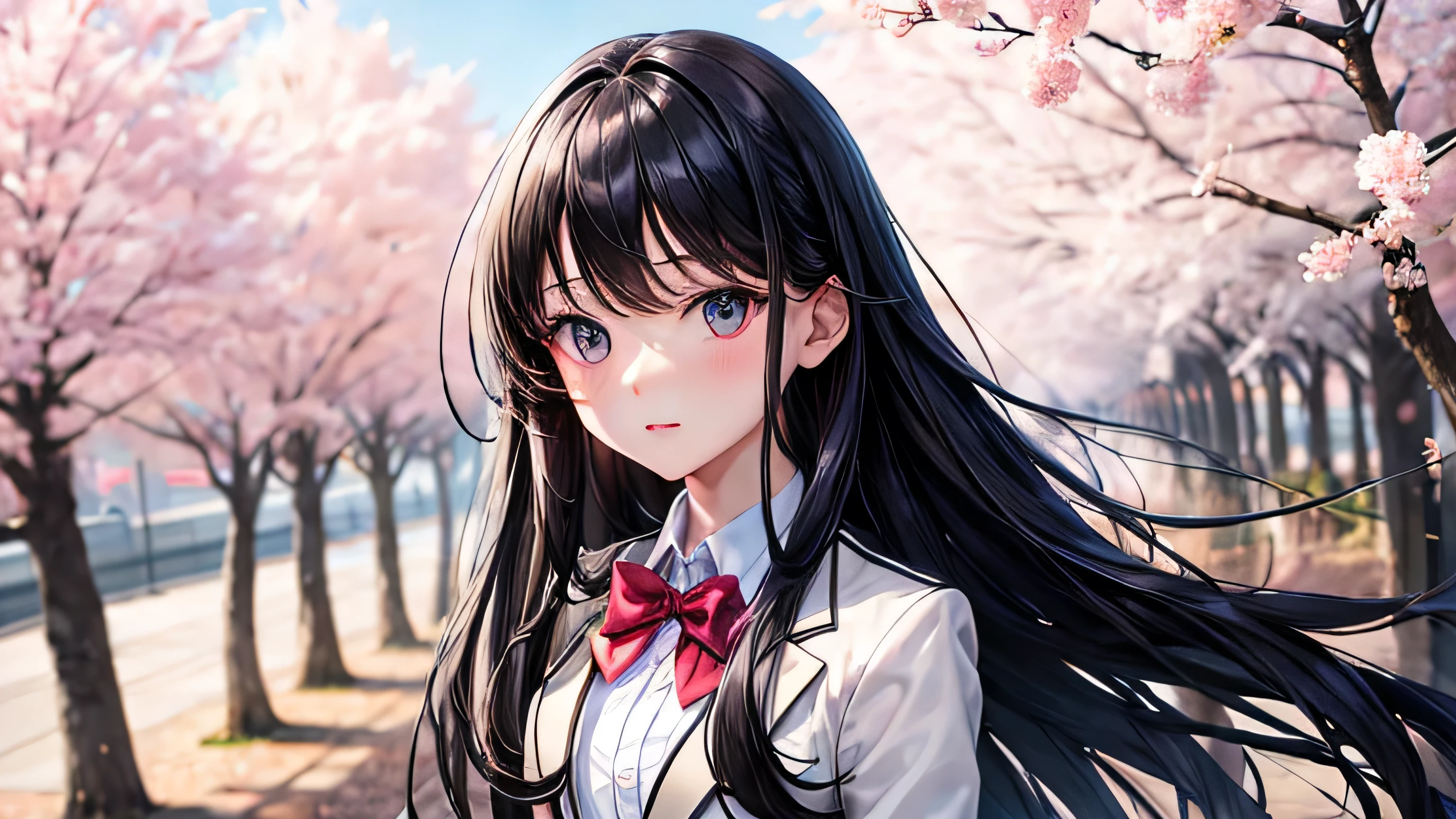 Girl in Love　1 person　White dress　high school student　uniform　blazer　Black Hair　Long Straight Hair　High quality, high definition and detailed facial expressions　High quality, high definition and detailed hair　Cherry blossom trees