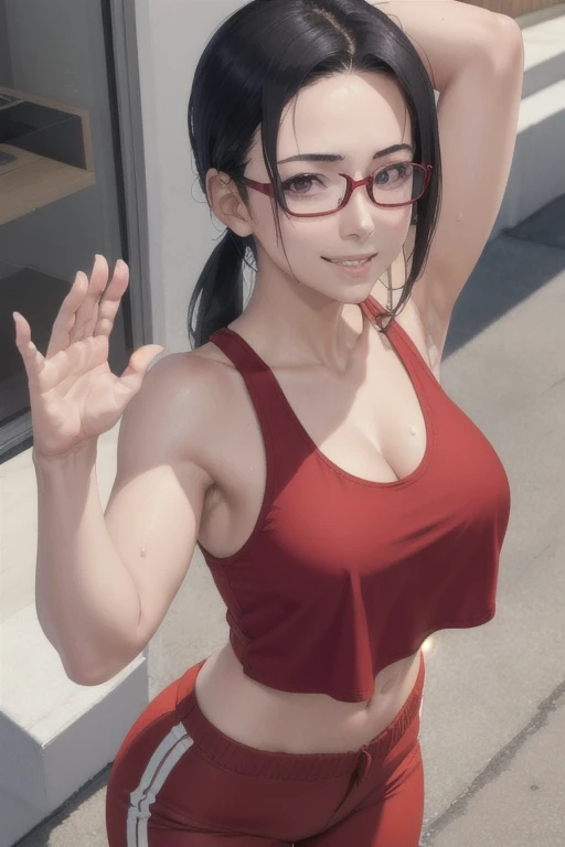 masterpiece, best quality, satou sakie, glasses, wearing white tanktop shirt, croptop, red pants, looking at viewer, large breasts, upper body, portrait, looking at viewer, mouth opened,seductive smile, both hands raised, armpits, armpits visible, sweaty armpits, from above