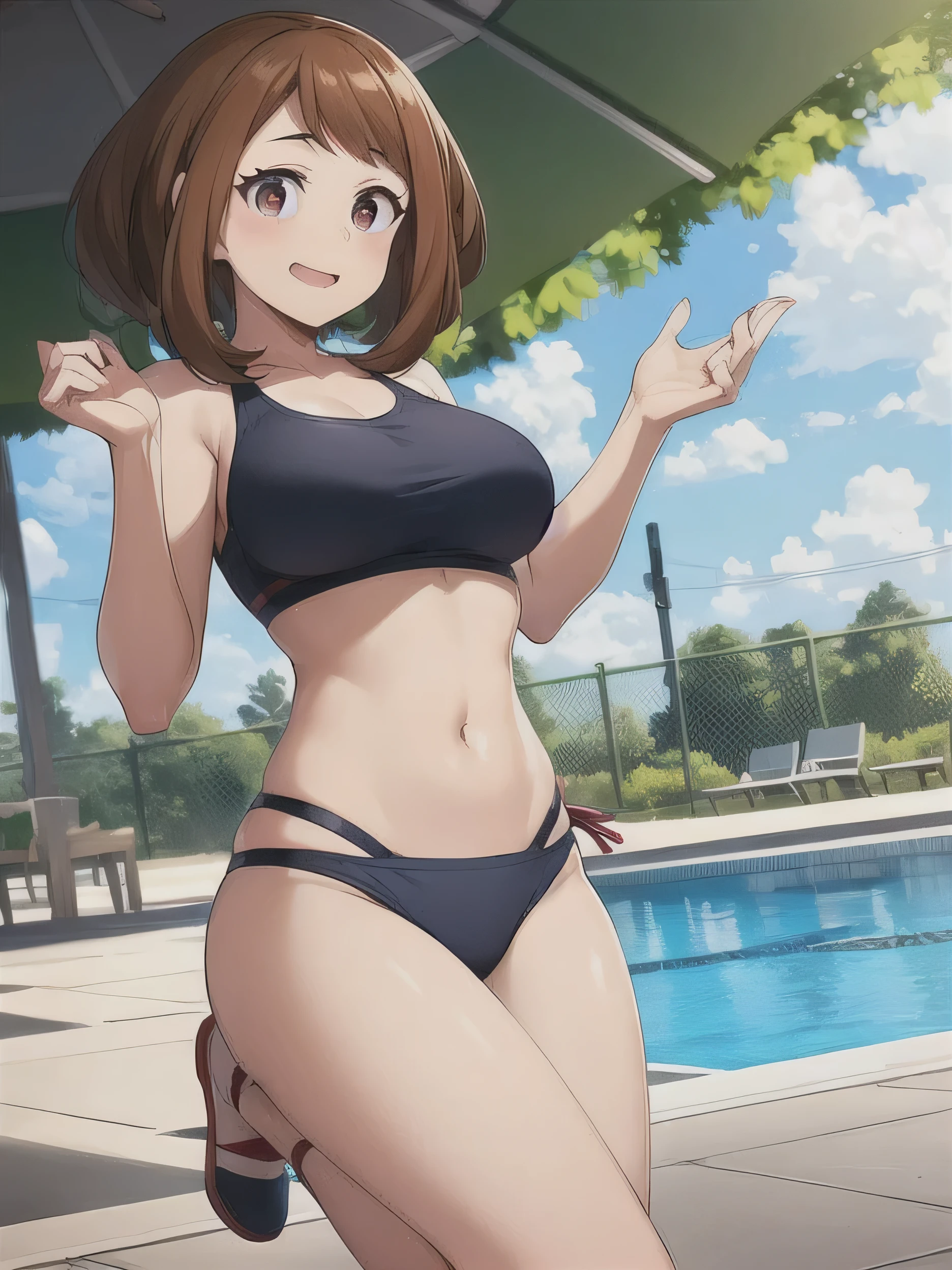 Ochaco Uraraka wearing a uniform, {1/woman} Look at her, Great environment, Very detailed, high quality, summer, Pool, bikini, Swimwear, Jump