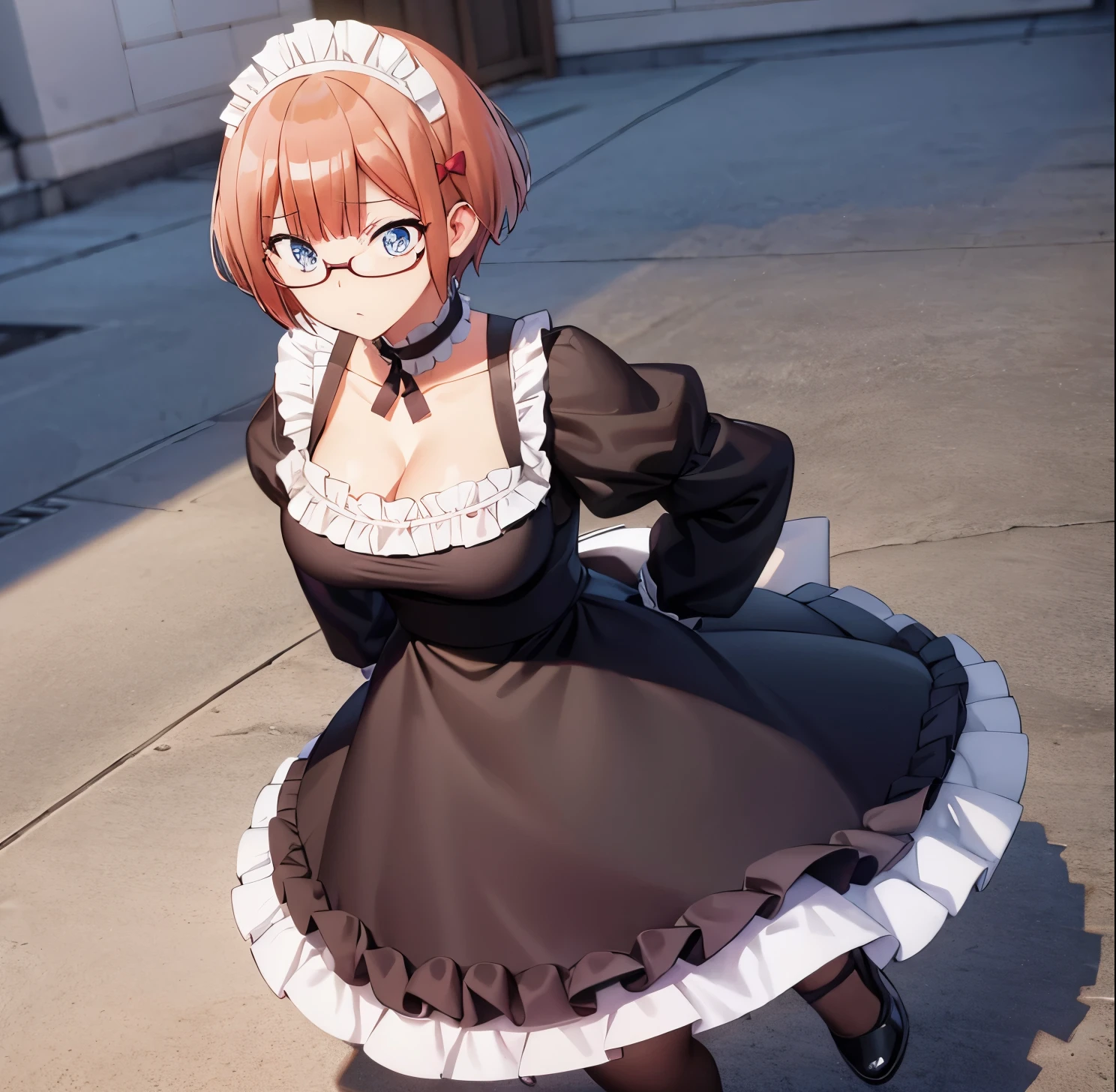 1girl, alone, rizu ogata, (extremely detailed CG unity 8k wallpaper), (masterpiece), (best quality), (ultra detailed), (best illustration), (best shadow), (absurdities), maid, headdress maid, choker, cleavage, wrist cuffs, short sleeves, cleavage, looking down, black pantyhose hands on hips, arms crossed, indoors, cafe, standing, from behind, looking at viewer, head on, point of view (from above), round butt, curvy body, perfect hands, perfect anatomy