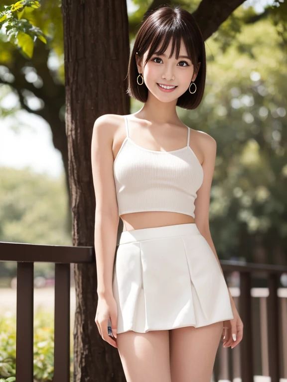 masterpiece, highest quality, RAW Photos, Ultra-high resolution, Realistic, 
(Anatomically correct, 29-year-old, Realistic Japan Girl, Photographer&#39;s Lover, She really loves the photographer,  Perfect body, Small waist and full body, Thin legs, Large Breasts, Realistic Skin), 
((White Tuck Mini Skirt, White tank top:1.3)), 
(Black Hair, Iris, Watery eyes, Shining Eyes, Short Bob Cut, bangs,  Small earrings, Lightly reddish), 
(View Photographer, View the viewer, Are standing), 
(Smile of the Goddess, A facial expression that entices men), 
(Huge park), 
Natural light, full length