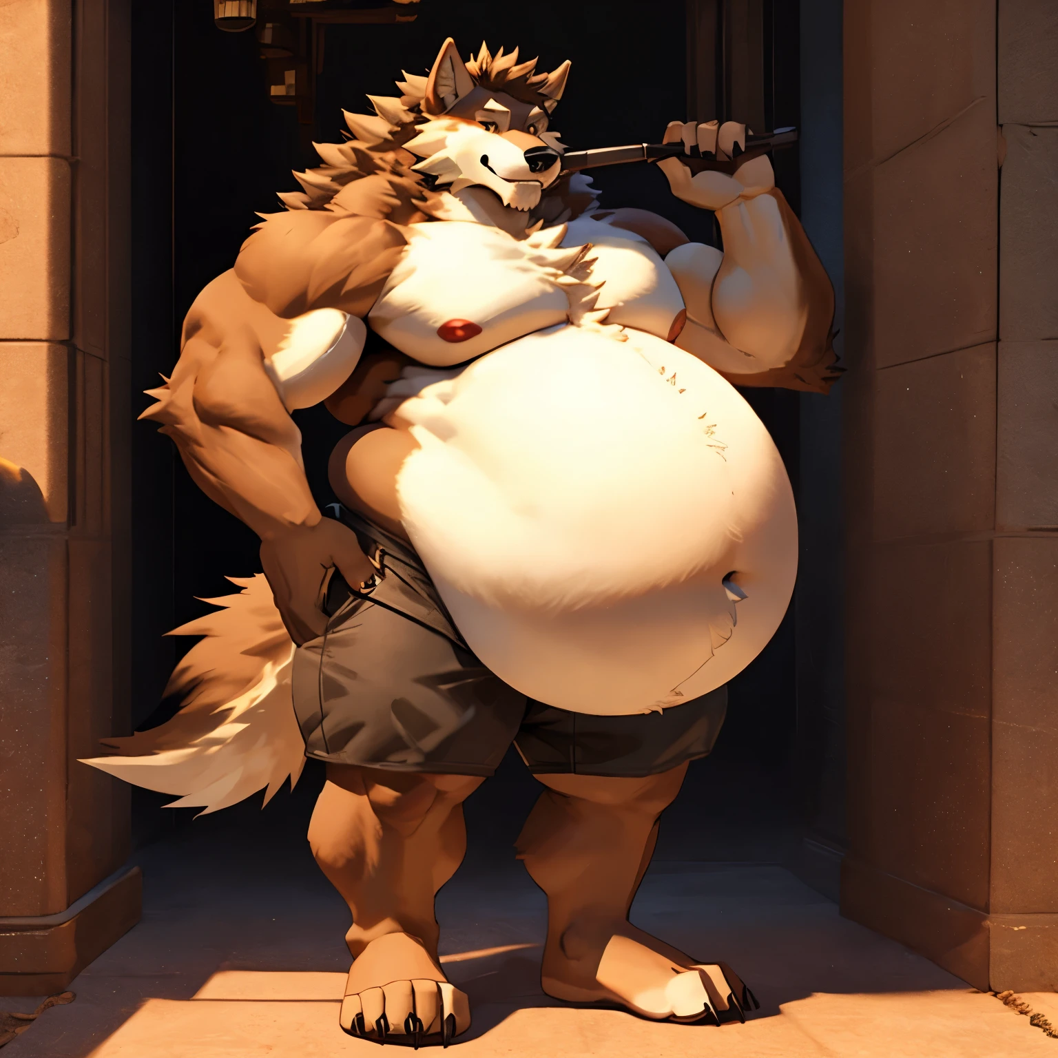 A werewolf with a big belly, fat and bloated, but strong body,The belly is huge, fat and swollen,belly,Pot-bellied，Physically robust