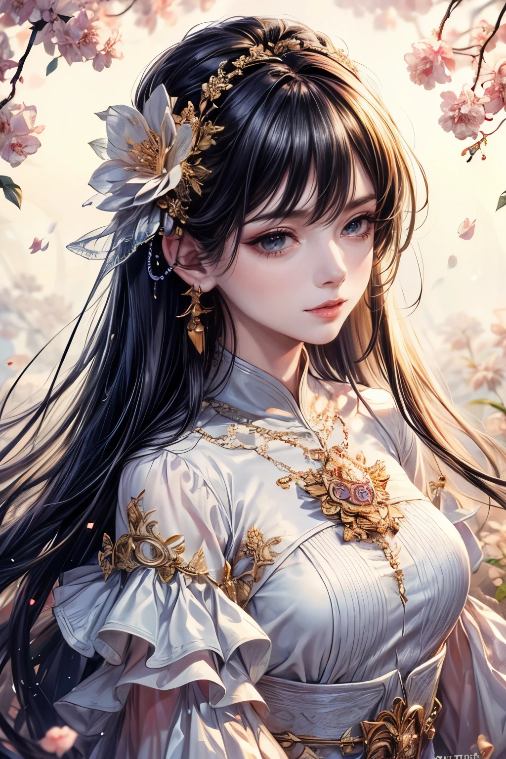 (highest quality,8k,CG), Upper body details, girl, Floral forest background, Detailed facial features, Elegant long black hair, almond shaped red eyes, Detailed eye makeup, Long, fluttering eyelashes, Twinkling Star, Intricate lip detail, Soft and harmonious style.Second dimension beautiful girl