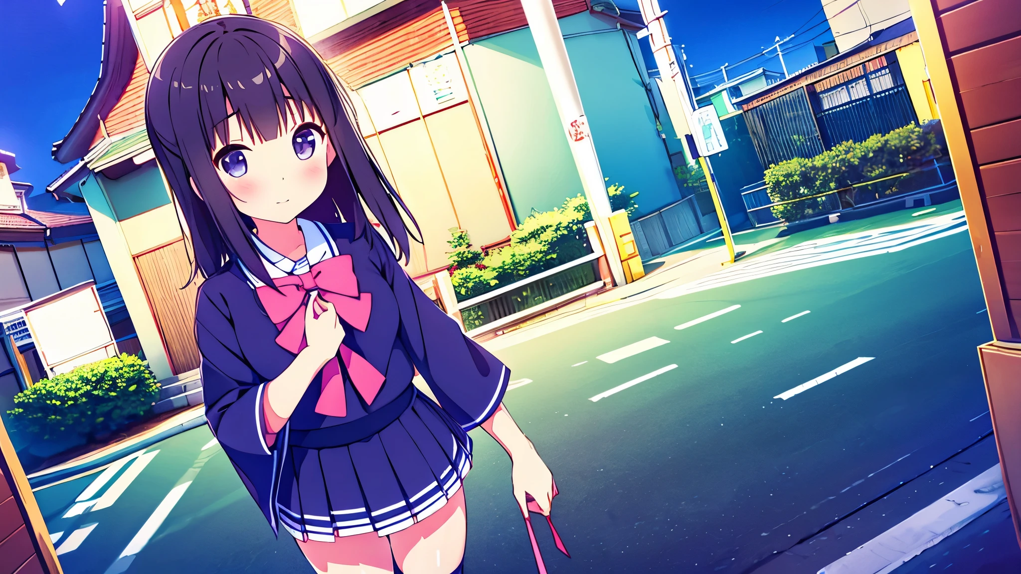 high-angle shot、Center view、Two arafe asian women in short skirts and bow ties standing on neon street in the middle of the night、Phenomenally cute 、Japan Girl Uniform、summer clothing、Wearing Japan 、Japan School Uniforms、a hyperrealistic 、Dressed as a 、a hyperrealistic 、Wearing a uniform、Girl in Uniform、Wearing a uniform、 Pose、full body Esbian、Nice skin、glistning skin、lovely thighs、glowing thigh、Sparkling leg rack above knee socks、High School in Japan 、Nogizaka Idol、Korean Idol、Invite you inside、Inviting eyes