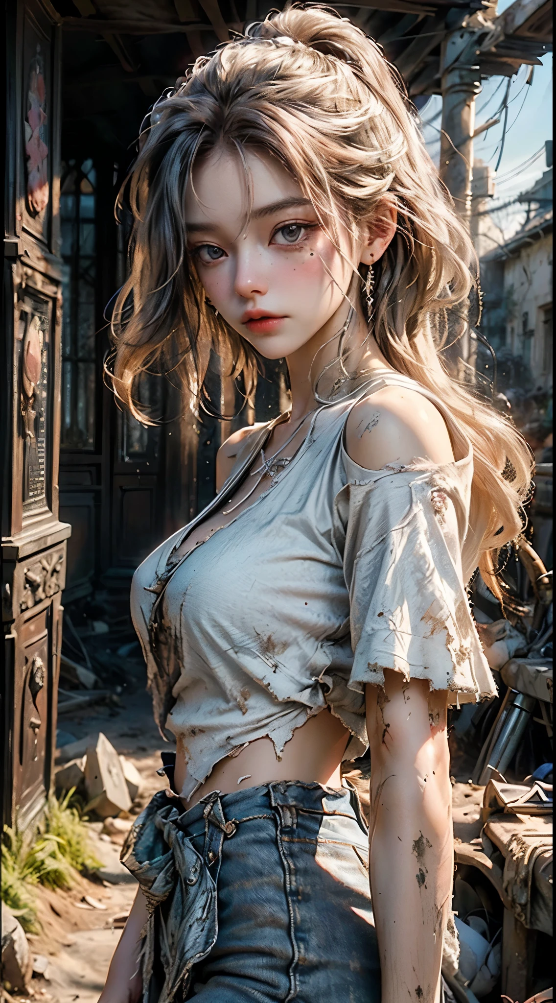 portrait of A beautiful European young woman, perfect face, shabby white ripped t-shirt, huge breasts, in ruins, sunset, cinematic lighting, look at veiwer, pov, ((((high detailed skin)))), [[[freckles]]], 8k, sharp focus, ((weathered, dirty))