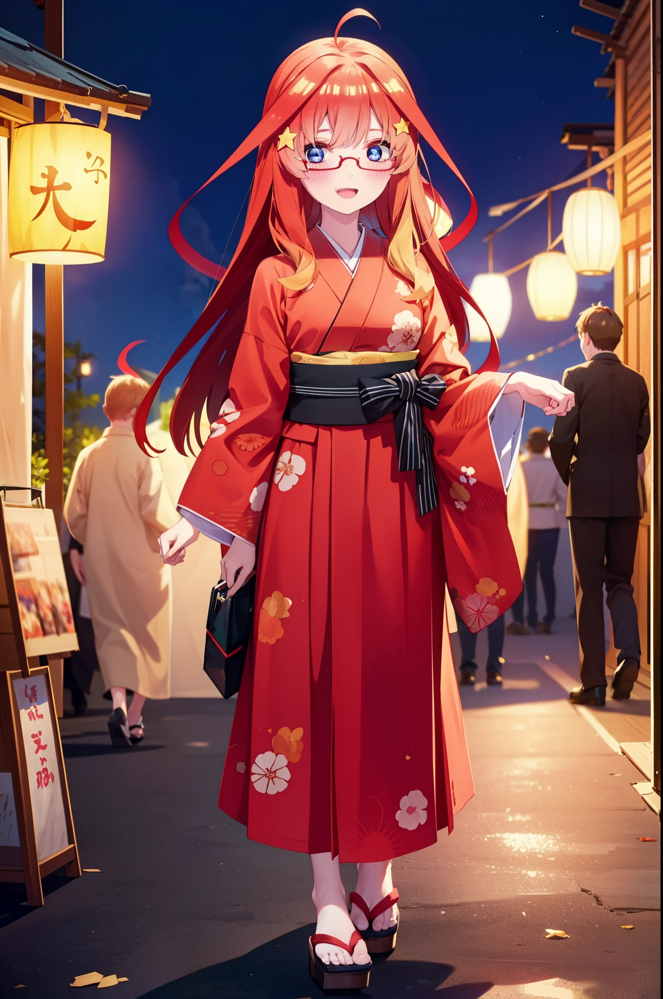 itsukinakano, Itsuki Nakano, bangs, blue eyes, Hair between the eyes, Ahoge, Redhead, star \(symbol\), hair ornaments, star hair ornaments,Akagi Glasses,smile,blush,Happy atmosphere,Open your mouth,Long Hair,Tie your hair back,red kimono,Thick sleeves,Sandals,White tabi,night空の花火,Fireworks display,Japanese Festivals,Summer festival food stalls,Red Lantern,night,イラストにwhole bodyが入るように, night
break outdoors, shrine, break looking at viewer,whole body,
break (masterpiece:1.2), highest quality, High resolution, unity 8k wallpaper, (shape:0.8), (Beautiful and beautiful eyes:1.6), Highly detailed face, Perfect lighting, Highly detailed CG, (Perfect hands, Perfect Anatomy),