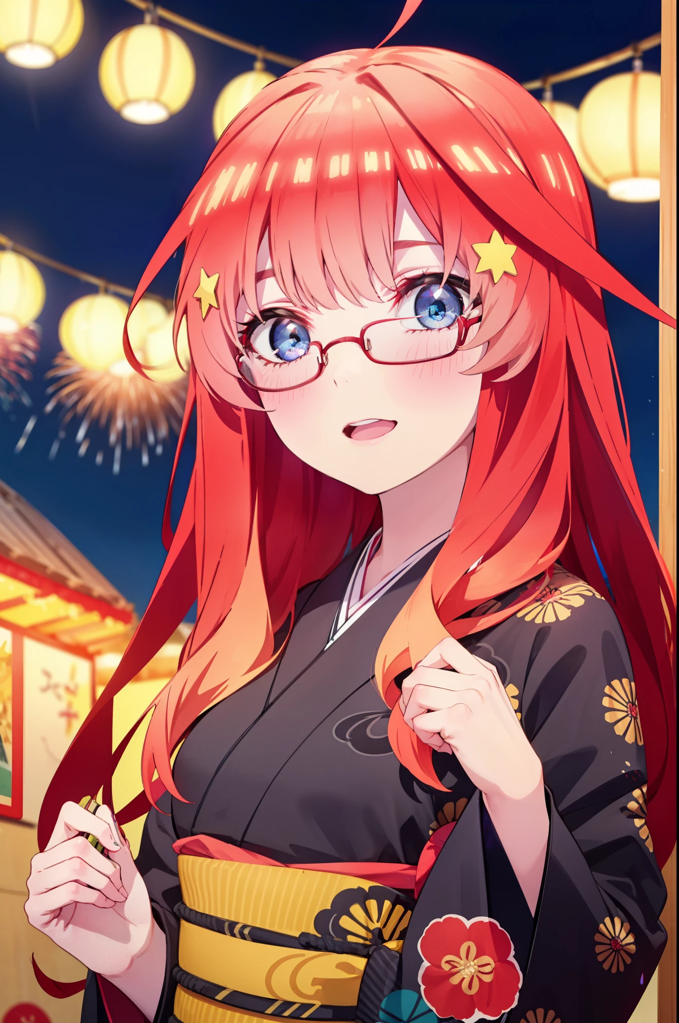 itsukinakano, Itsuki Nakano, bangs, blue eyes, Hair between the eyes, Ahoge, Redhead, star \(symbol\), hair ornaments, star hair ornaments,Akagi Glasses,smile,blush,Happy atmosphere,Open your mouth,Long Hair,Tie your hair back,red kimono,Thick sleeves,Sandals,White tabi,night空の花火,Fireworks display,Japanese Festivals,Summer festival food stalls,Red Lantern,night,イラストにwhole bodyが入るように, night
break outdoors, shrine, break looking at viewer,whole body,
break (masterpiece:1.2), highest quality, High resolution, unity 8k wallpaper, (shape:0.8), (Beautiful and beautiful eyes:1.6), Highly detailed face, Perfect lighting, Highly detailed CG, (Perfect hands, Perfect Anatomy),