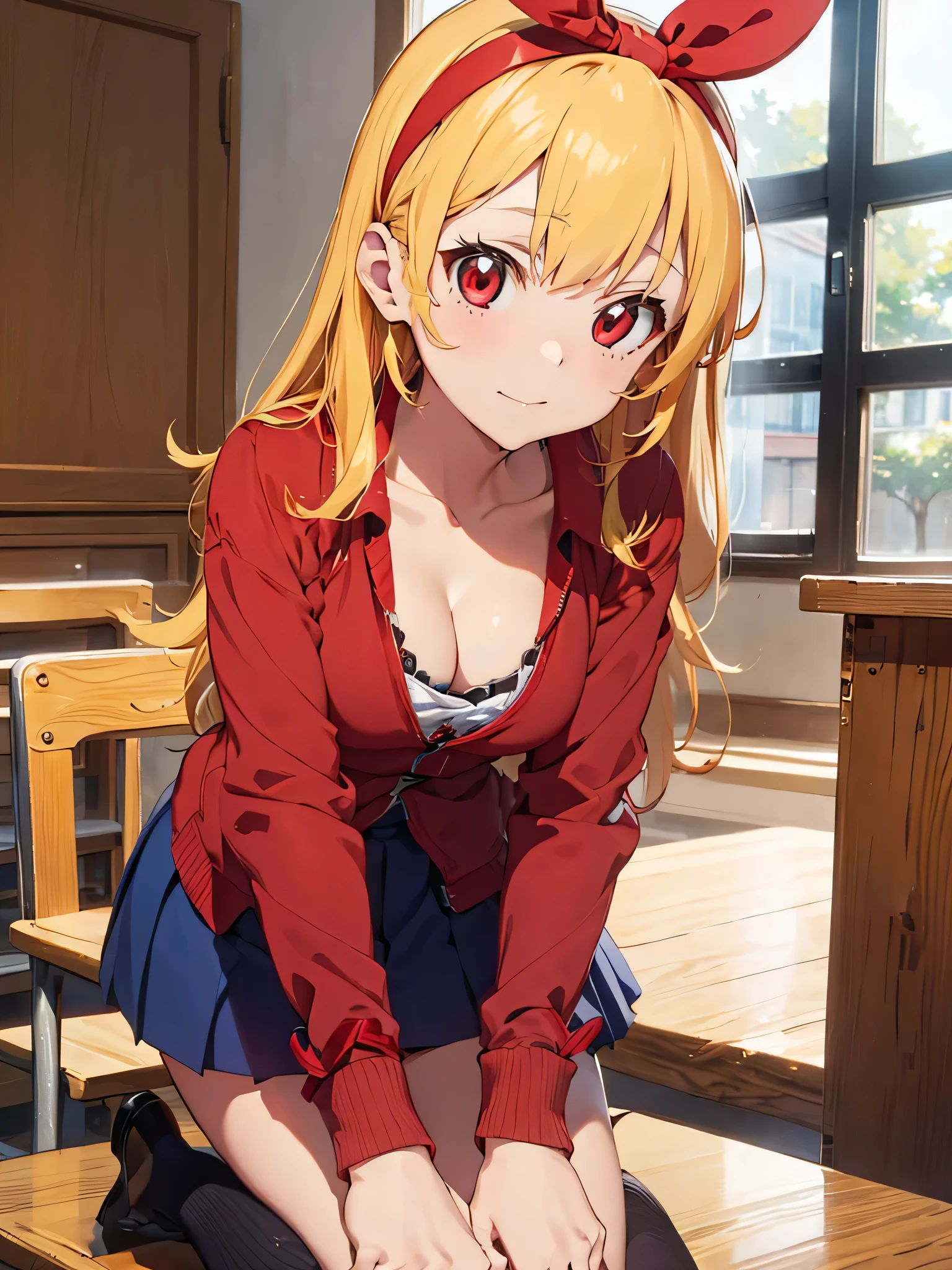 (RED Ribbon on HAIRband:1.2),,double braid RED eyes jacket cleavage cutout check skirt stocking Loafer sitting wariza(leaning forward hands on knees)Angle from below school room,masterpiece best quality anime style 4k,close_up_cleavage,Blonde HAIR