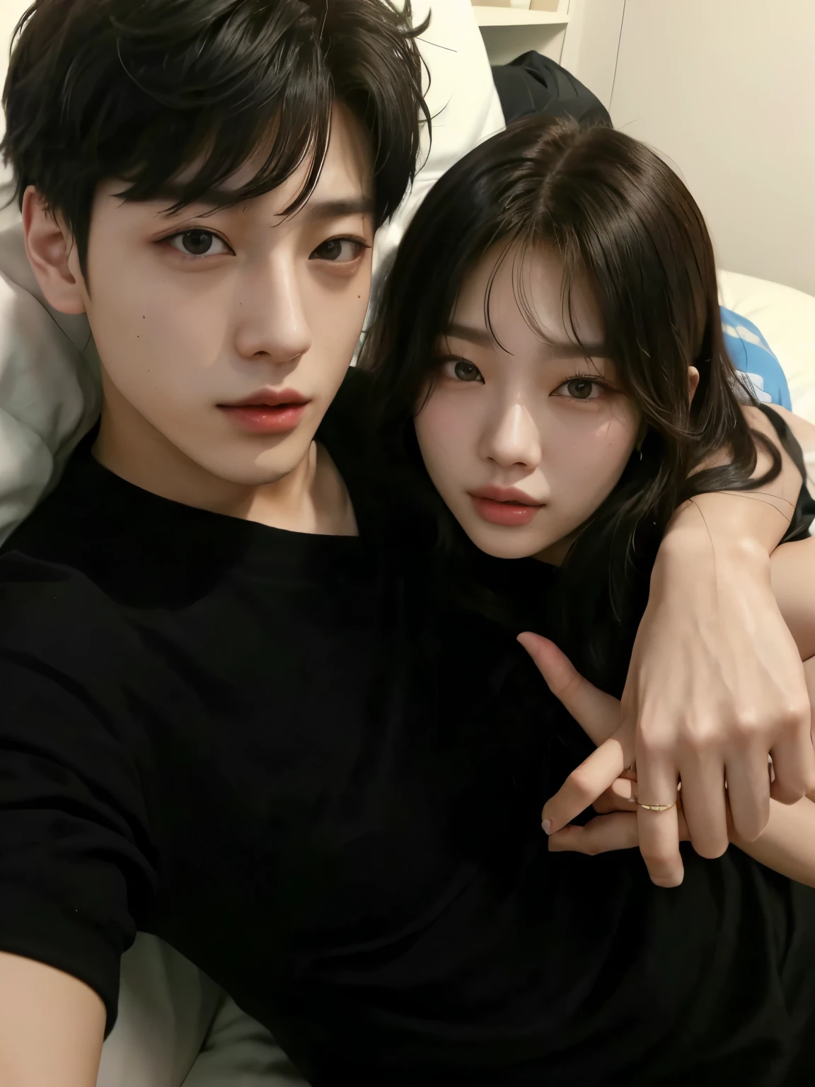 there is a man and woman laying in bed together, jordan grimmer and natasha tan, lalisa manobal, huang yuxing and aya takano, yukio - e, ruan jia and fenghua zhong, ruan jia and brom, with her long, tyler edlin and natasha tan, yanjun chengt