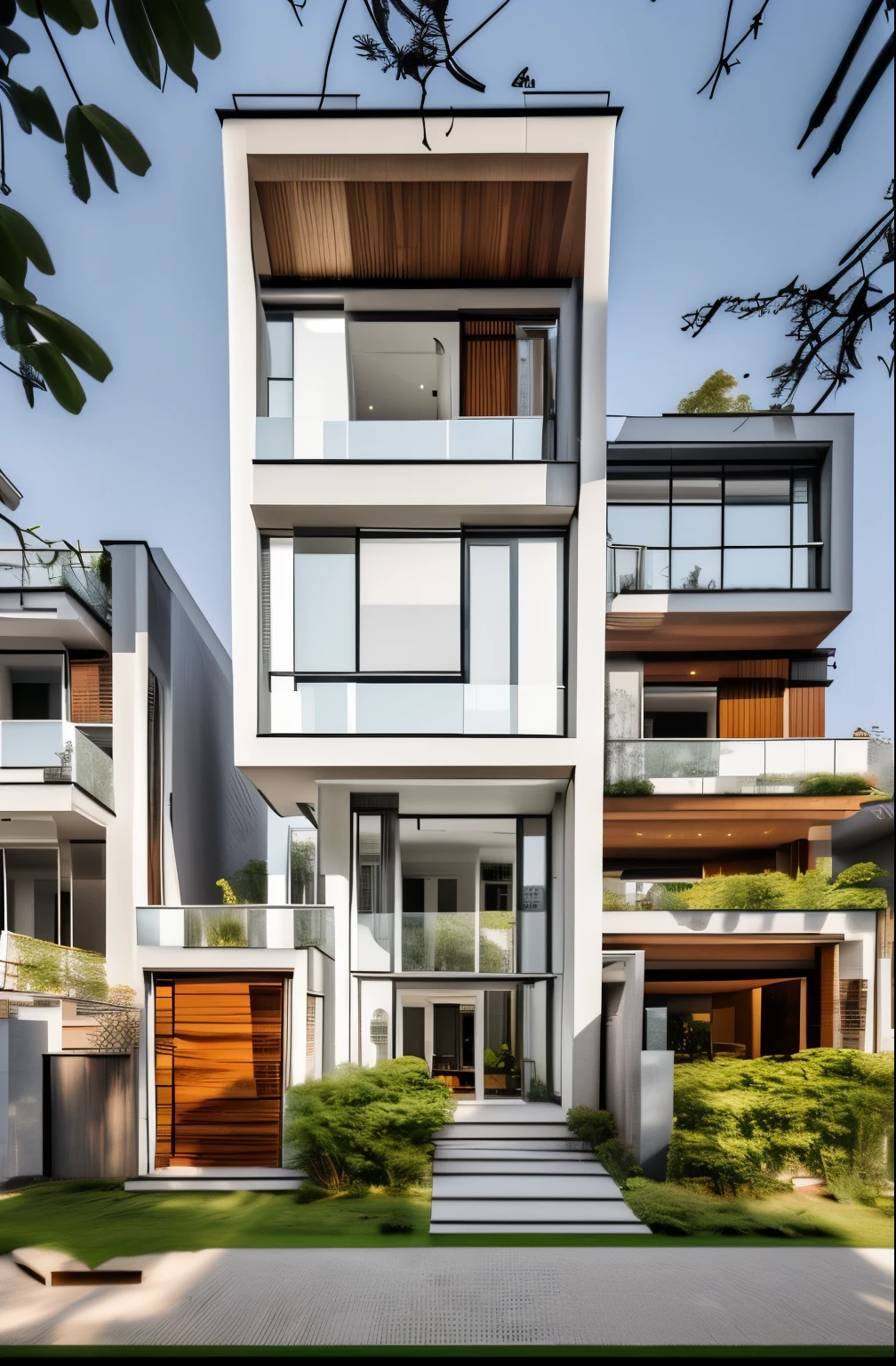 modern townhouse, trees around, light gray sky, glass, modern style, high quality