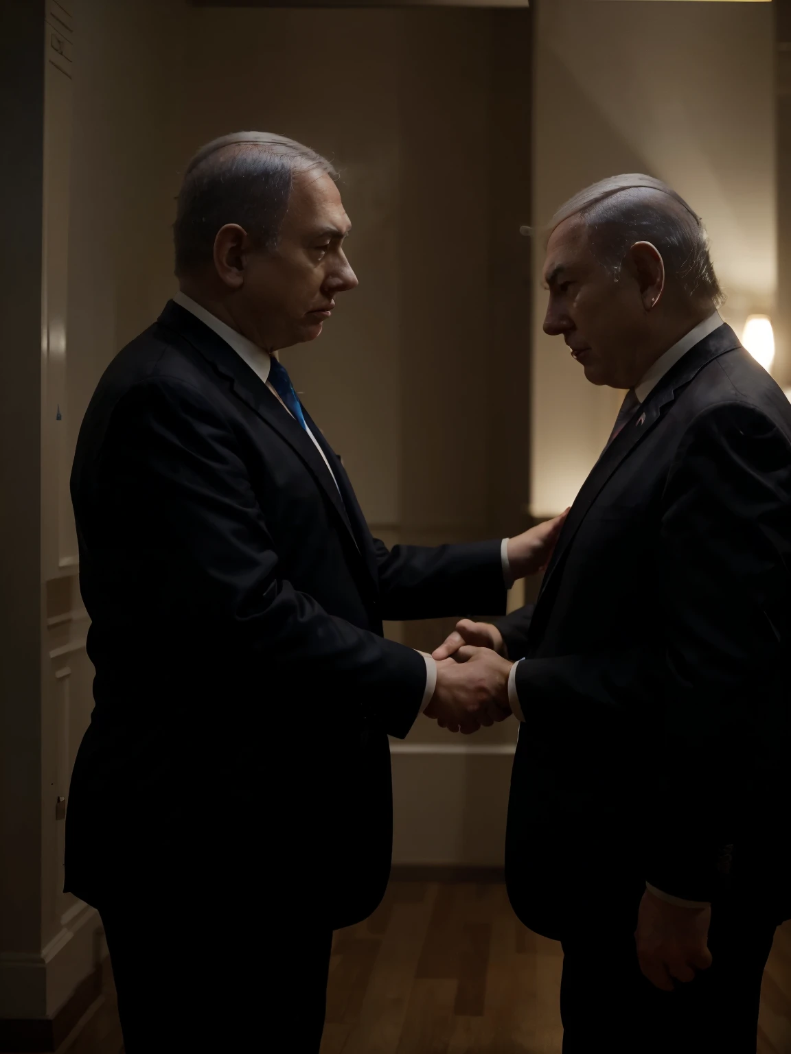 In the low-light room, Two men posing political behave, hugging or shake hands, ((Donald Trump and Netanyahu)), size of Donald Trump:1.2, Facing each other,Among them, The first man is an old man, And the other is young, With an atmosphere of concentration in the discussion between them and a deep look, Wear a black suit, The young man enthusiastic expression, focus two men, Contrast lighting, delicate skin,Cinematic, HD, details , Realistic, Get to know a professional photo, soft lighting, highs quality, Best Quality, 