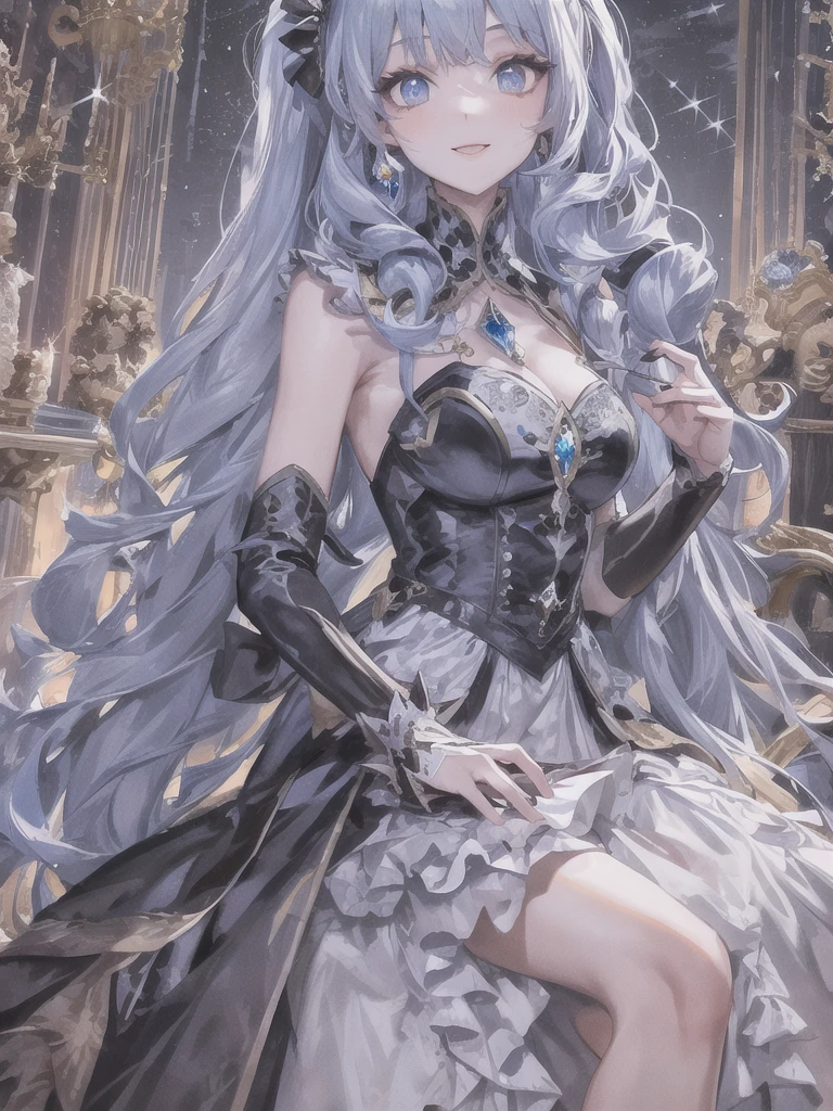 Dramatic composition, court-style dresses, royal, gorgeous, cascading frills, ruffles, bows, crystal chandeliers, Roman curly hairstyles, ponet, double ponytails like drills, look at the camera, bangs, maximalism, palatial background, delicate portrayal of hair and eyes, princess dresses, gorgeous skirts, flowers in hand, smiles, starry eyes, cinematic light, extreme detail, high definition, happy girl, very long hair, diamonds, broken diamonds, crystal fragments, light particles