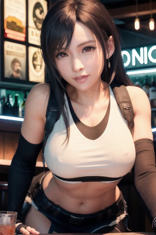 masterpiece, highest quality, born, Analog Style, Stunning portrait of a beautiful woman, Tifa Lockhart, Tabletop, highest quality, Deftifa, White crop top, Elbow pads, Fingerless gloves, suspenders, Pencil Skirt, Upper Body, View your viewers, Leaning forward, smile, bar counter, City of night, looking at viewer,