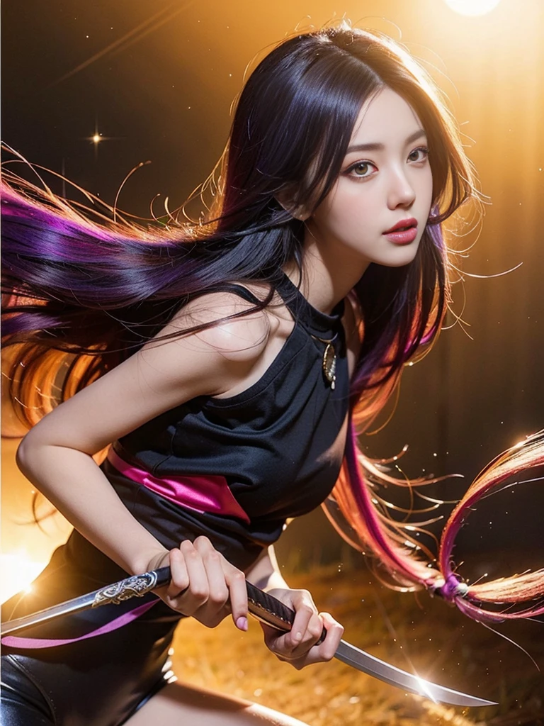 Anime girl with purple hair and sword standing in front of a sunset, Anime girl with space-like hair, Zodiac Knight Girl, Anime Wallpaper, Psylocke, High quality anime art style, Long Hair Anime Girl, Ilya Kuvshinov with long hair, Anime Moe Art Style, ufotable art style, Anime Goddess, Starfire, Guardian of the Stars