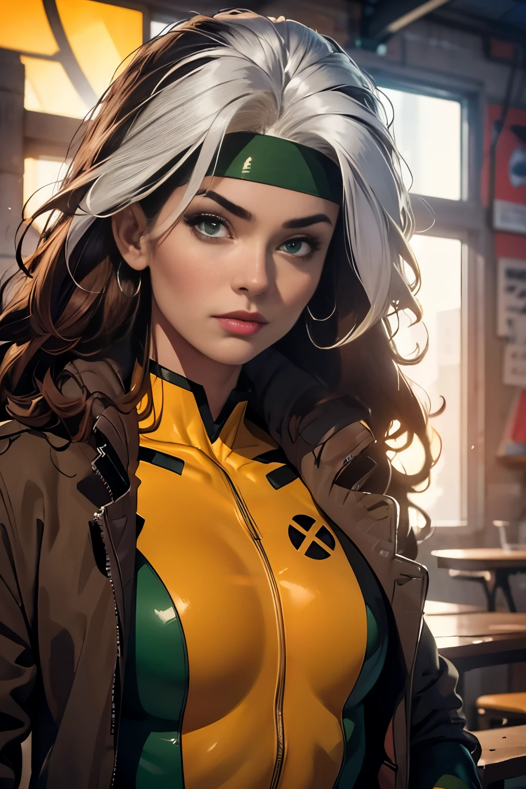 Create a semi-realistic, anime-inspired portrait of Rogue from the X-Men. Rogue is a strong and confident mutant with striking features. She has long, flowing auburn hair with a white streak, which is a prominent characteristic. Her eyes are intense and green, reflecting her determination and inner strength. She wears her iconic green and yellow bodysuit, which hugs her figure, showcasing her athletic build. Rogue's expression is serious yet captivating, conveying her complexity as a character. Ensure the portrait captures her essence as a powerful and enigmatic mutant while infusing it with the vibrant style of anime artwork
