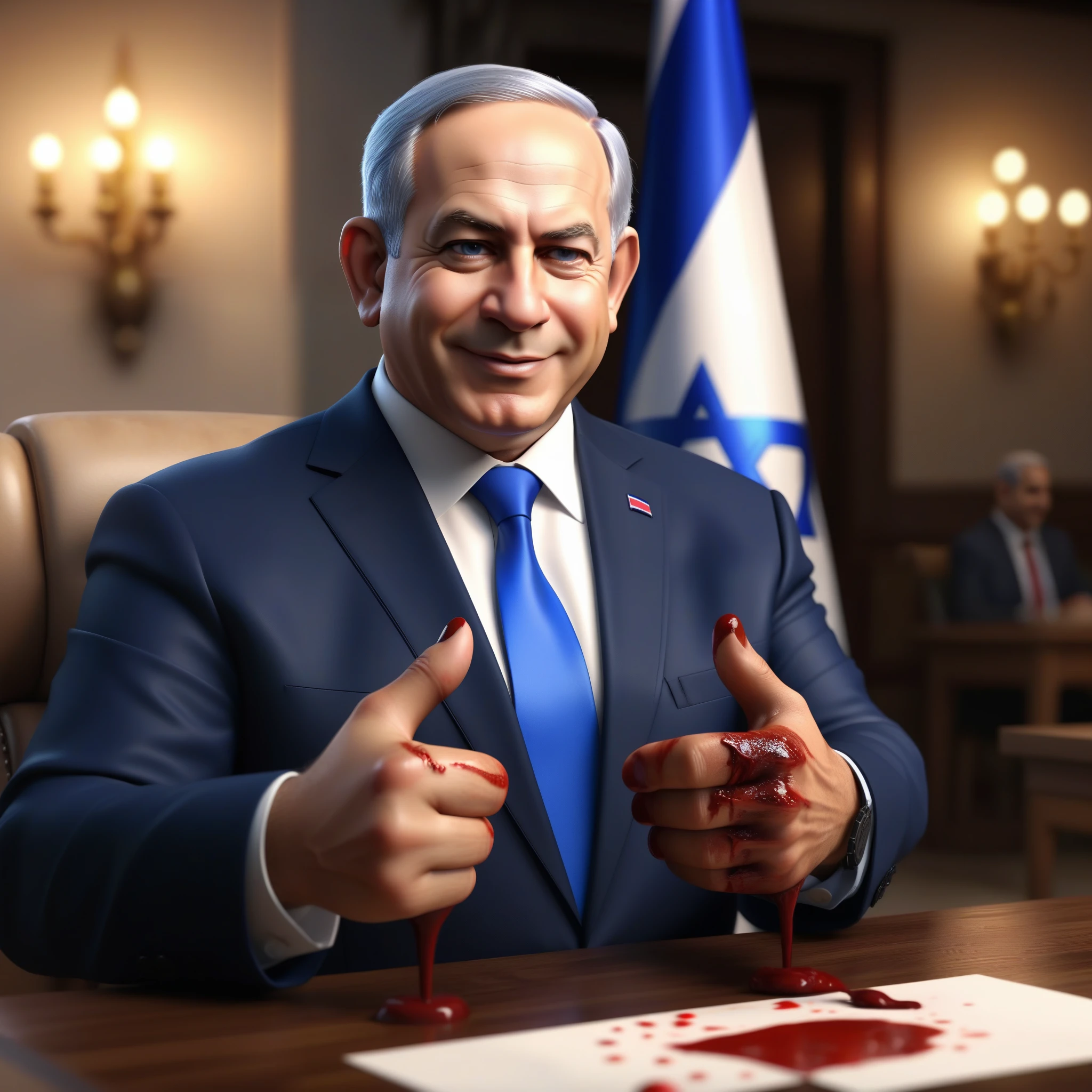 (masterpiece:1.2) (photorealistic:1.2) (bokeh) (best quality) (detailed skin) (intricate details) (8k) (high poly) (ray tracing) (cinematic lighting) (sharp focus),( full body:1.2),  (half body:1.2) The truth of clean smiling Benjamin Netanyahu (trying to wipe blood from his hands:1.4), (malevolence:1.2) Israel flags