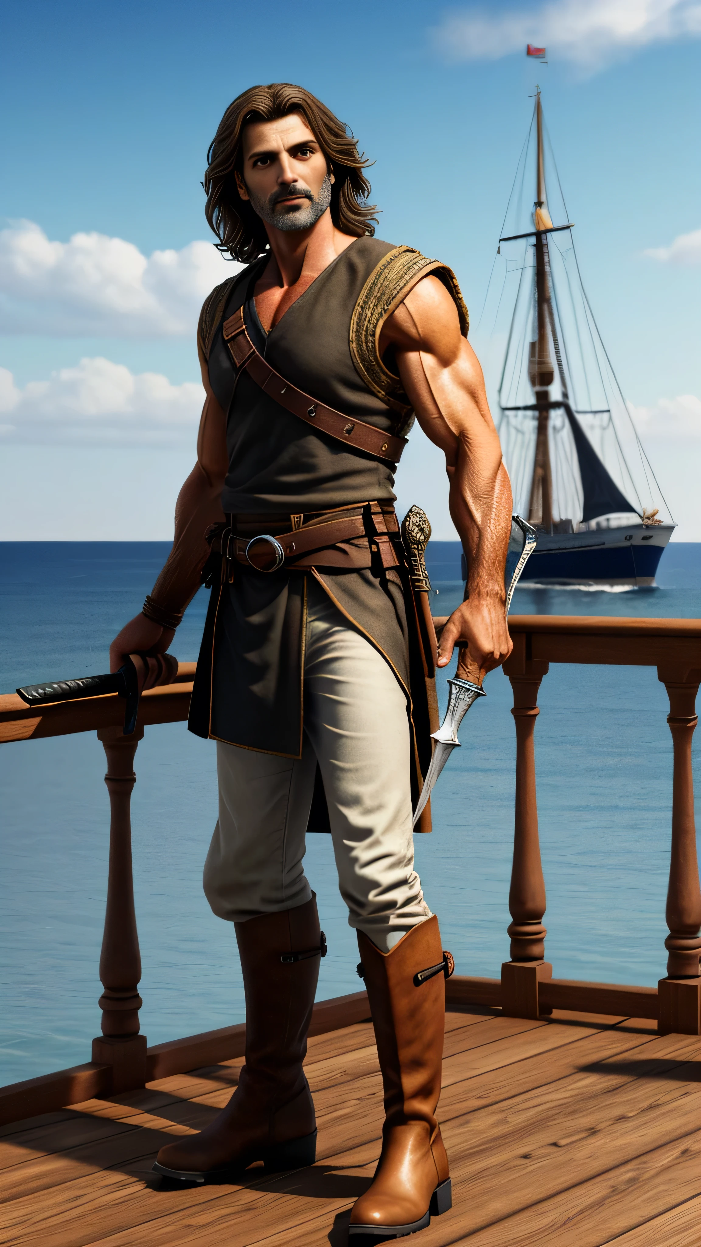 Mature male, extremely muscular, Brown eyes gleaming with wisdom, Shoulder-length brown hair slightly disheveled by the wind, Wearing tan Greek Evzonas with red detailing and a sword at his side, Tall black boots stomping on the wooden ships deck, 8k resolution, Rendered in Unreal Engine, Highly detailed textures, Dramatic angle showcasing his chiseled features and the vast expanse of the sea behind him.