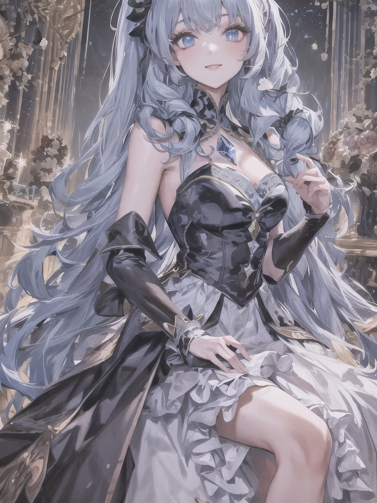 Dramatic composition, court-style dresses, royal, gorgeous, cascading frills, ruffles, bows, crystal chandeliers, Roman curly hairstyles, ponet, double ponytails like drills, look at the camera, bangs, maximalism, palatial background, delicate portrayal of hair and eyes, princess dresses, gorgeous skirts, flowers in hand, smiles, starry eyes, cinematic light, extreme detail, high definition, happy girl, very long hair, diamonds, broken diamonds, crystal fragments, light particles