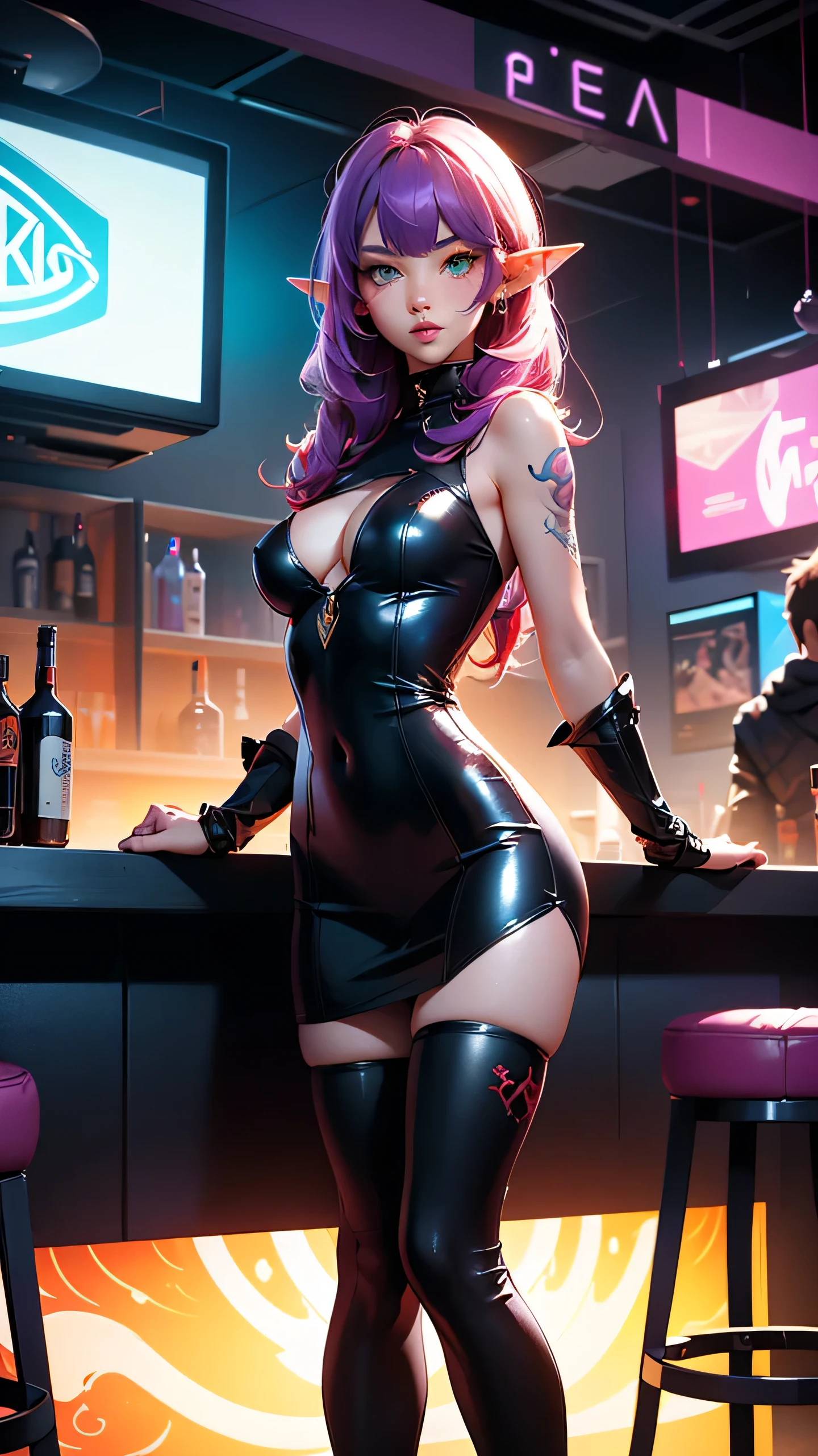 There is futuristic bar, near bar table stand elf female, she have a beautiful face with green eyes long pointy ears with lot of golden earring on them red eye shadows and lips, main colour of her hair is red with purple highlights lines, she dressed in sexy leather shamanic outfit, her body and arms covered with mislyc tatoo, behind her back there is wind spirit, (ultra high quality sifi fantasy art. cyberpunk fantasy style, masterpiece, ultra highquality character design, 8k quality anime art, top quality wallpaper illustration, detailed ultra high quality acurate face, highquality design and acurate physic )