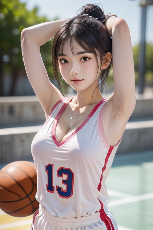 (One Girl), Very cute face, Great face and eyes, (Highly detailed eyes, Highly detailed face), Fresh, Very beautiful appearance, (Ultra-realistic, High resolution), (highest quality:1.4), RAW Photos, (Realistic, Realistic:1.37), Professional photography , (A light pink basketball uniform that becomes transparent when wet )  , (Cleavage:1.2), (Exposing shouldersさせる), (Laugh a little), (look at me), Bedroom, Portrait of a Girl  , (Huge breasts)   , Exposing shoulders ,   , (Erect nipples:0.98) , (ponytail) , (Her uniform is sticking to her body and sheer nipples:1.1) , (Put your hands behind your head and show your armpits:1.2) , (breasts is sweating:1.2) , (armpit hair:1.1)  , (wet basketball uniform:1.2) , (see-through basketball uniform:1.2)