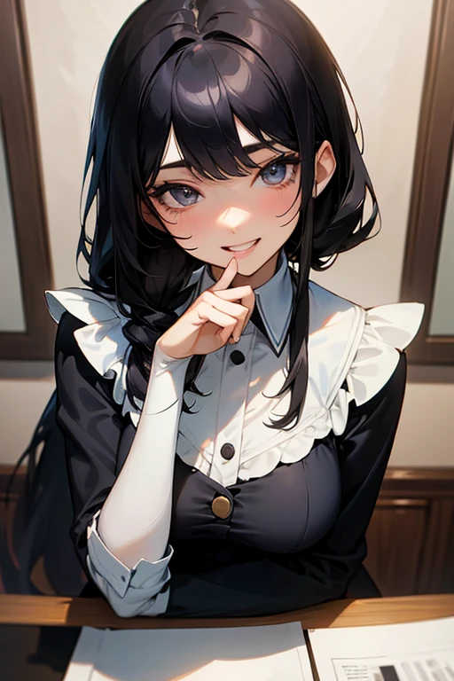 (Highest Resolution, clear_image) highest quality, Single person, One Woman, alone, masterpiece, Very detailed, Semi-realistic, Black Hairのショートヘア, Black Hair, bangs, 18-year-old, mature, light blue uniform, uniform, Indoor Background, kind, Authoritative, powerful, exquisite features, exquisite features、Eyelashes become longer、Showing teeth、smile😀、Maid clothes、Touching hair、Medium breast、