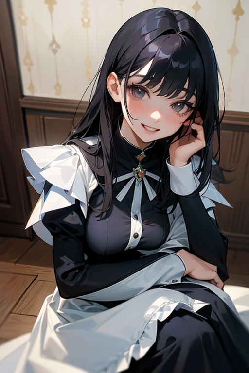 (Highest Resolution, clear_image) highest quality, Single person, One Woman, alone, masterpiece, Very detailed, Semi-realistic, Black Hairのショートヘア, Black Hair, bangs, 18-year-old, mature, light blue uniform, uniform, Indoor Background, kind, Authoritative, powerful, exquisite features, exquisite features、Eyelashes become longer、Showing teeth、smile😀、Maid clothes、Touching hair、Medium breast、