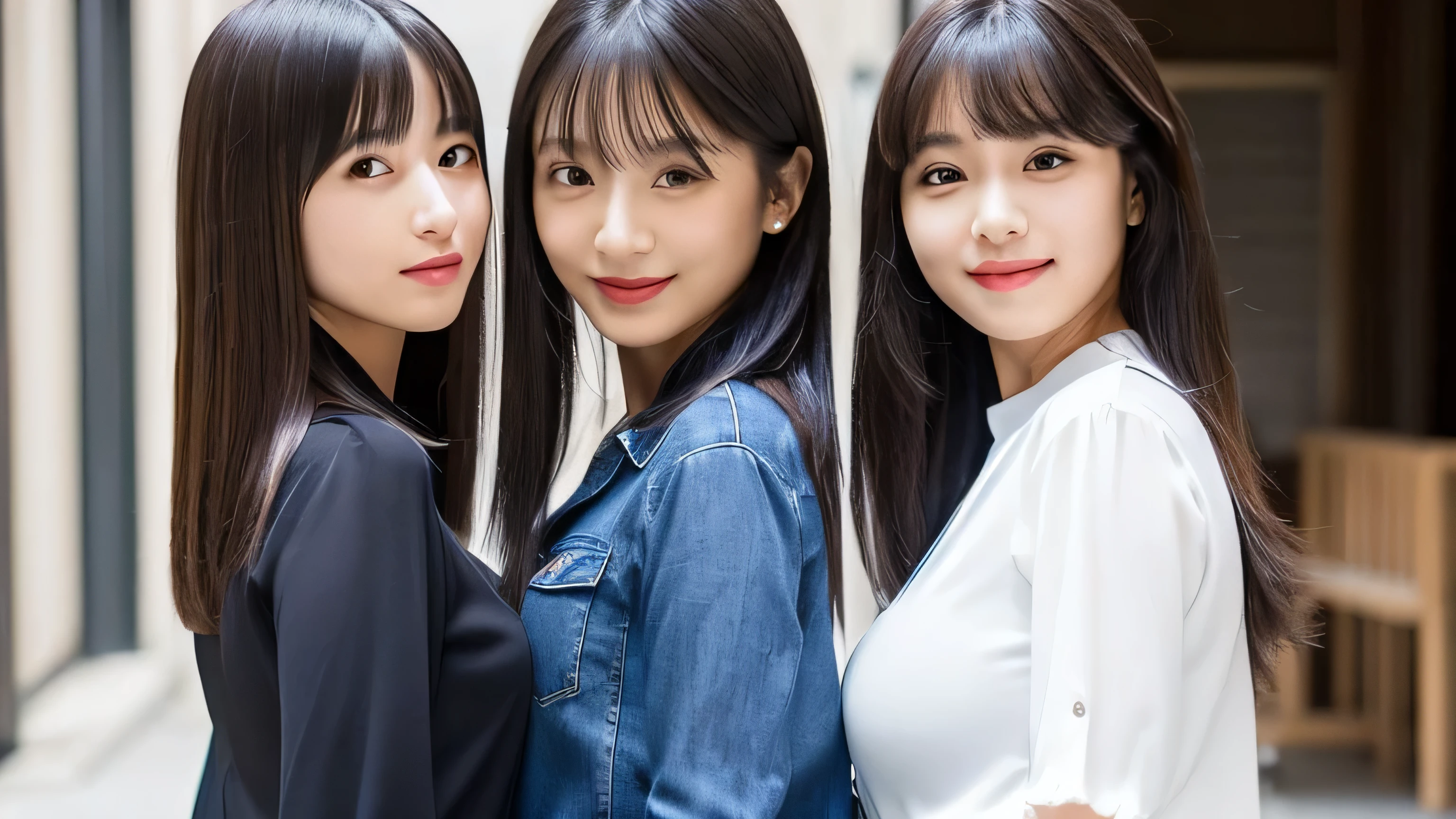 ((A frontal shot of three friendly sisters walking side by side in the same space))　((highest quality)), ((masterpiece)), (Familiar)　(Get used to it)　Perfect Face　(The 24-year-old girl in the middle has a professional sexy make-up look.　Lipstick is bright red　The eyeliner is a beautiful black　Bangs are the perfect hime cut　Her hairstyle is jet black, extra long, straight hair.　A dignified face with narrow eyes and a thin face　Tall and has a typical Japanese build　Excessive breasts　Common skin tones of Japanese people　Her smile is sexy:1.3　　She is wearing a long black pleated skirt and a white blouse.　Looking straight ahead and at the viewer　((highest quality)), ((masterpiece)), (Familiar)　(Get used to it)　Perfect Face)　(The 21-year-old second daughter on the left has cute, professional makeup done.　Lipstick is light red　The eyeliner is purple　The bangs are uneven and princess cut　Her hair is light brown and extra long. ｗavy Hair Hair　Large Breasts　Average height and typical Japanese buildよりややスリム　Common skin tones of Japanese people　Laughing out loud:1.2　The outfit is blue jeans hot pants and a blue collared shirt.　Looking at the third daughter　((highest quality)), ((masterpiece)), (Familiar)　(Get used to it)　Perfect Face)　(The 18-year-old third daughter on the right has perfect baby-face makeup.　Her bangs are perfectly aligned and hung straight down.　Her hairstyle is a cute, completely straight, shoulder-length bob cut.　Large breasts　Average height and typical Japanese build　Common skin tones of Japanese people　A shocked look at the second daughter:1.I&#39;m doing 3　She is wearing a white dress　Looking at the second daughter　((highest quality)), ((masterpiece)), (Familiar)　(Get used to it)　Perfect Face)　(This is the food court inside the shopping mall.)　(The three are very close)