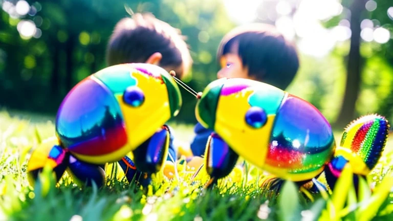 Children playing with beautiful rainbow jewel beetles in the grassland、Children playing with beautiful rainbow jewel beetles in the forest