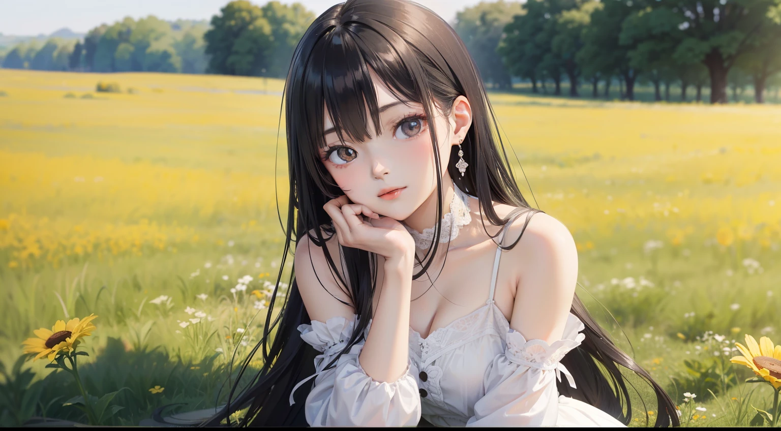 (masterpiece,highest quality),A girl with long black hair is sitting in a field,She placed her hand under her chin,Warm sunshine,White Dress,fortune,The skin is delicate、Second dimension beautiful girl