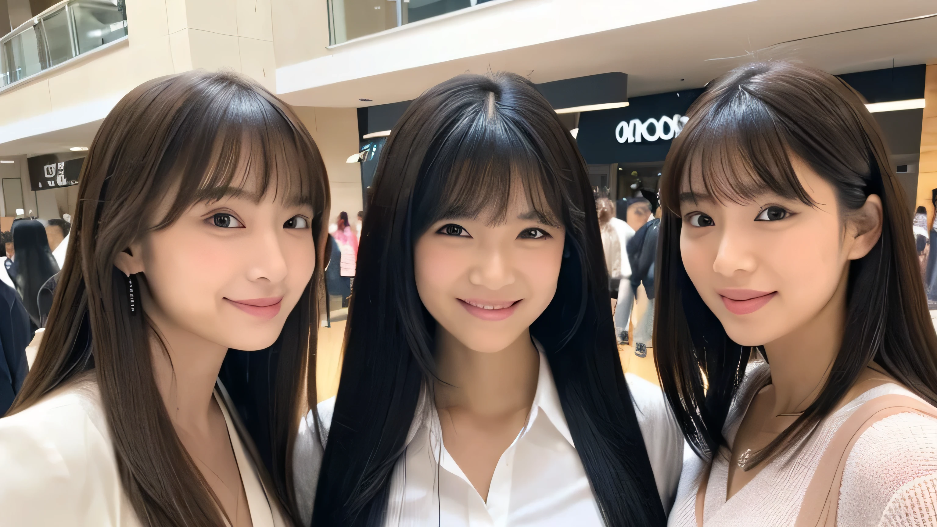 ((A frontal shot of three friendly sisters walking side by side in the same space)) ((highest quality)), ((masterpiece)), (Familiar) (Get used to it) Perfect Face (The 24-year-old girl in the middle has a professional sexy make-up look. Bangs are the perfect hime cut Her hairstyle is jet black, extra long, straight hair. A dignified face with narrow eyes and a thin face Tall and has a typical Japanese build Excessive breasts Common skin tones of Japanese people Her smile is sexy She is wearing a long black pleated skirt and a white blouse. Looking straight ahead and at the viewer) (The 21-year-old second daughter on the left has cute, professional makeup done. The bangs are uneven and princess cut Her hair is light brown and extra long. wavy Hair Hair Large Breasts Average height and typical Japanese buildよりややスリム Common skin tones of Japanese people Laughing out loud The outfit is blue jeans hot pants and a blue collared shirt. Looking at the third daughter) (The 18-year-old third daughter on the right has perfect baby-face makeup. Her bangs are perfectly aligned and hung straight down. Her hairstyle is a cute, completely straight, shoulder-length bob cut. Large breasts Average height and typical Japanese build Common skin tones of Japanese people He looks shocked at his second daughter. She is wearing a white dress Looking at the second daughter) (This is the food court inside the shopping mall.) (The three are very close)